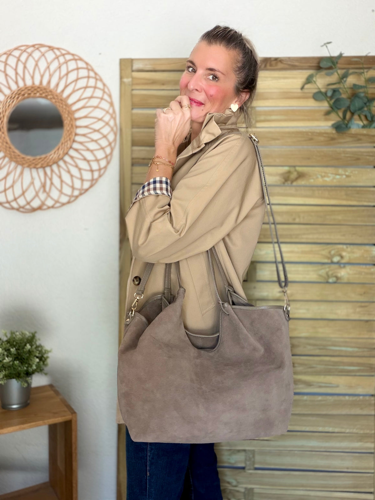 Sac cabas XXL en cuir daim souple • AUSTIN Taupe