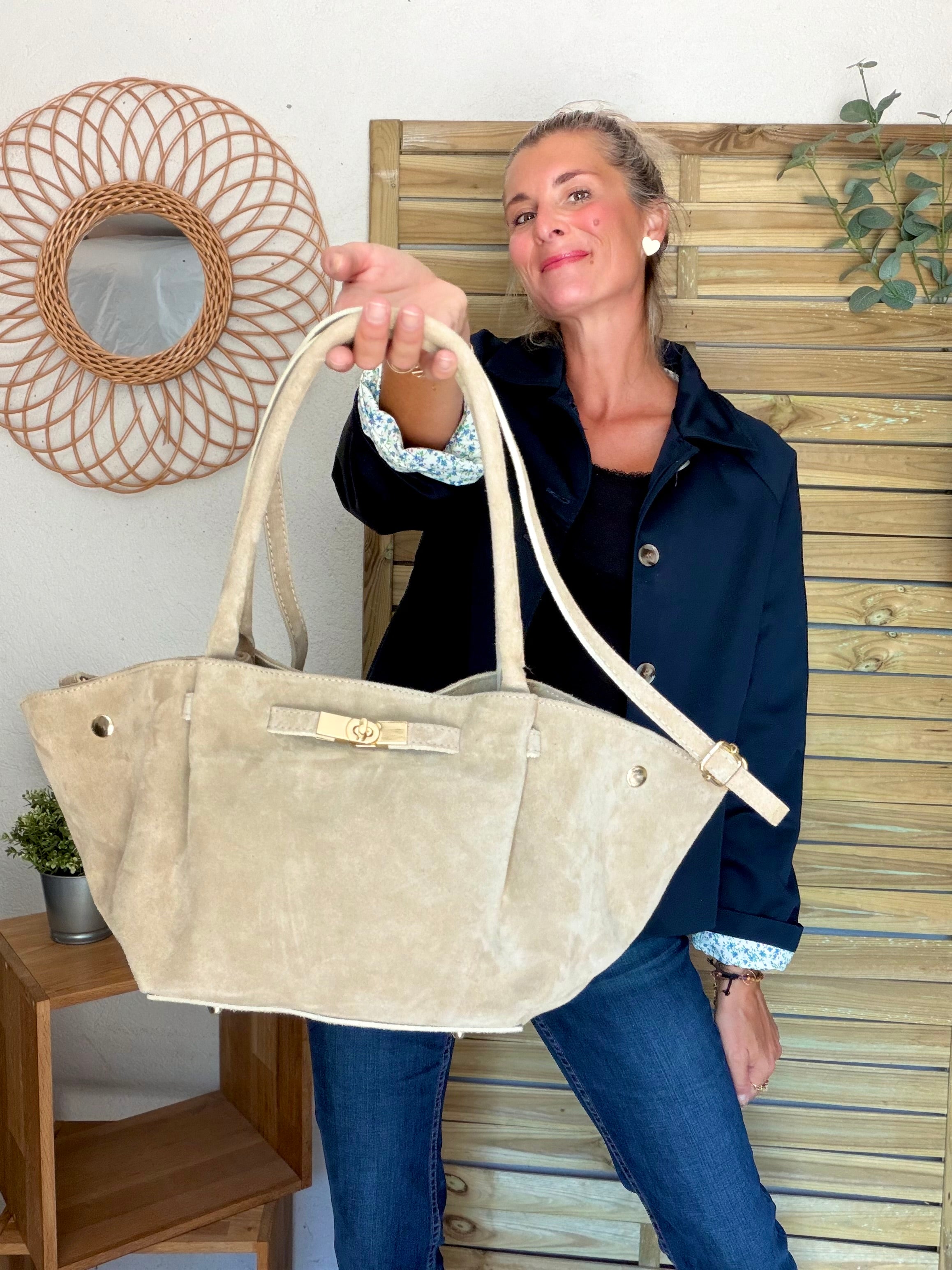 Sac cabas en cuir daim HANA - Beige