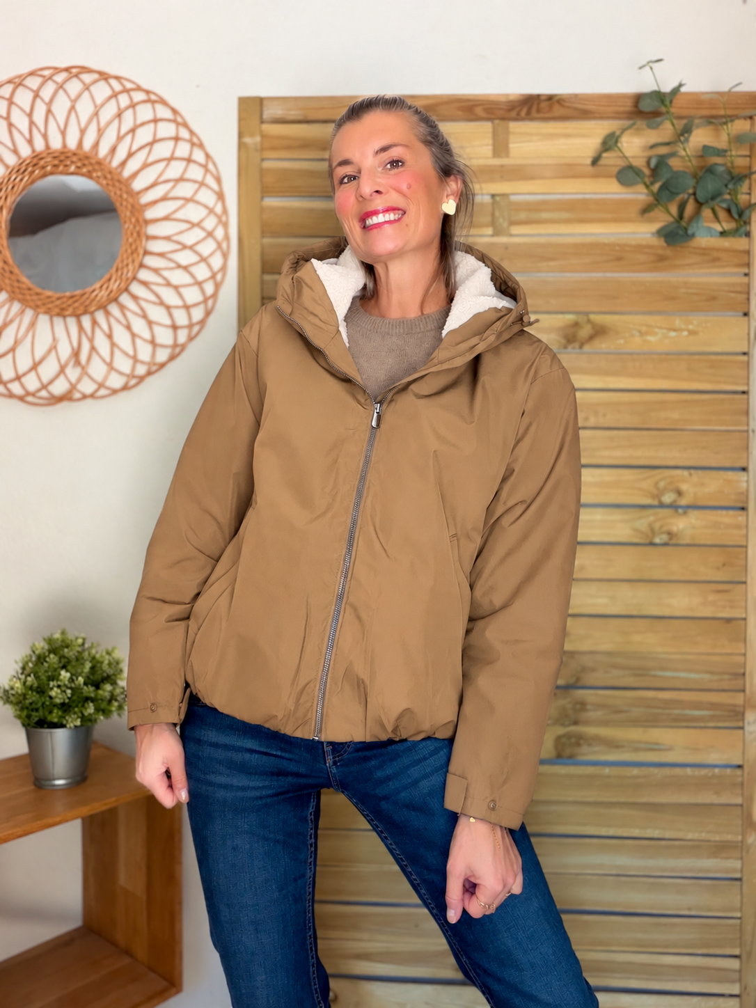 LAURA JO - Imperméable fourré sherpa EVA court - Camel