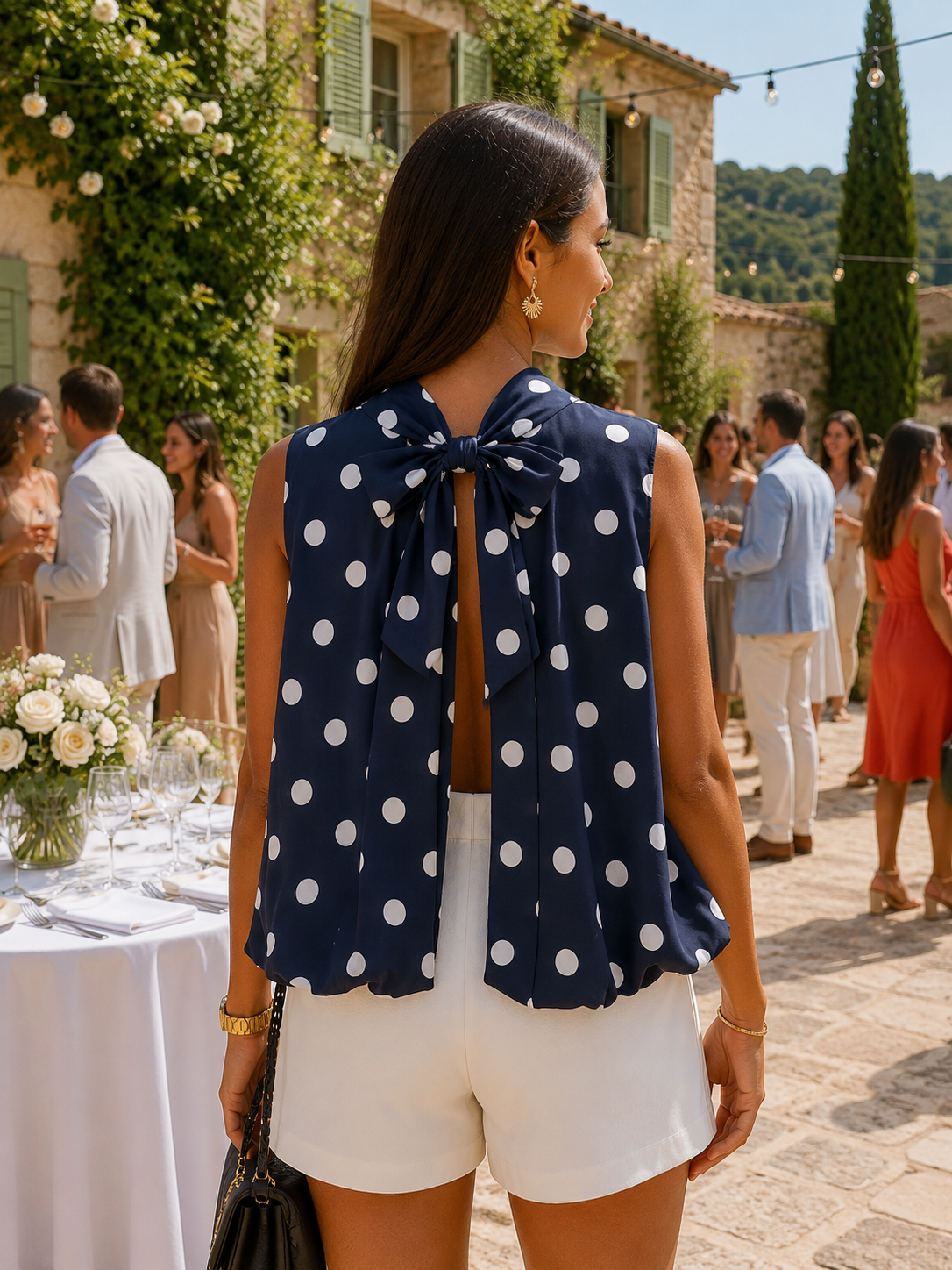 Top ballon à pois, dos ajouré PERLA bleu marine