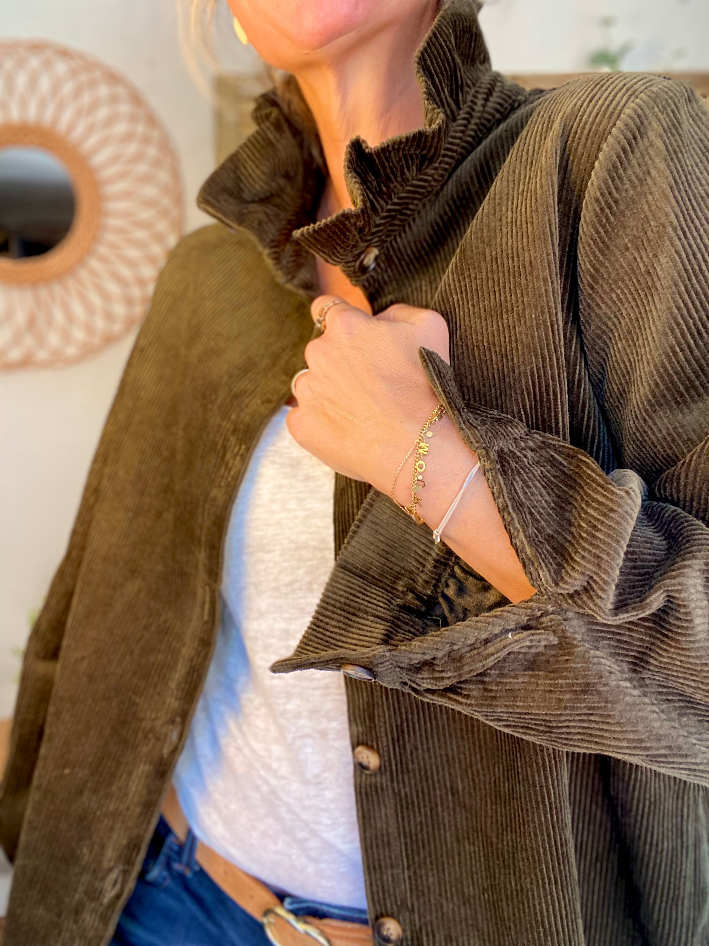 Veste / Chemise en coton, col victorien volanté YVONNE - Velours Kaki