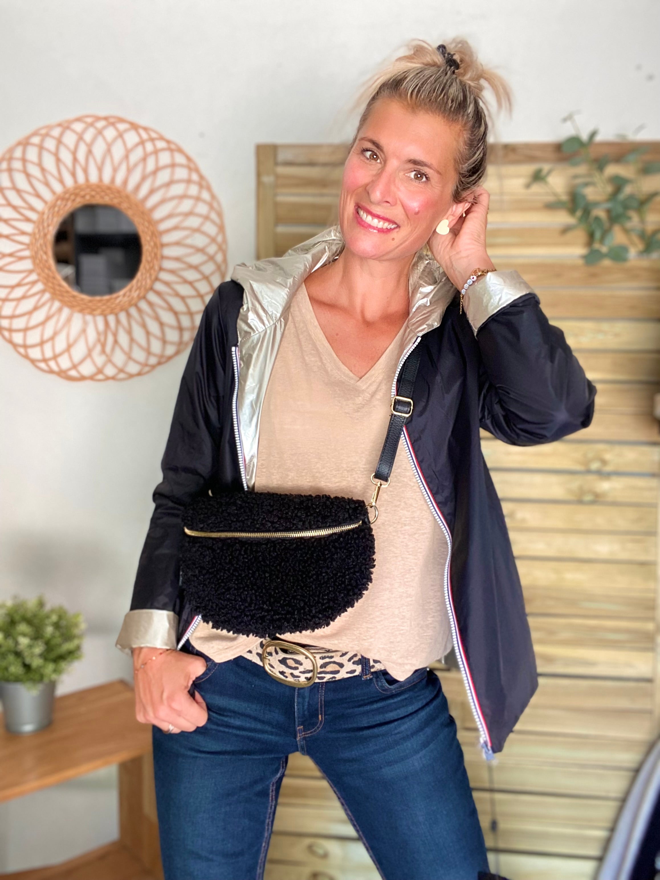 Sac banane Moumoute et cuir CARRY -  Noir