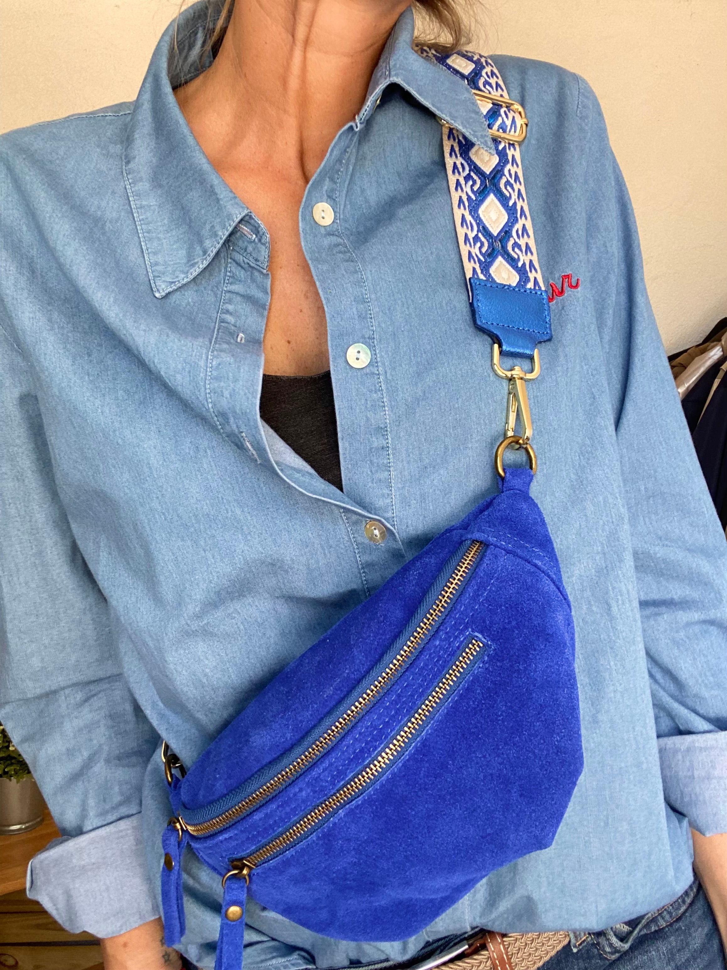 Sac banane double poche en cuir daim - OPALINE - Bleu roi (14 coloris)