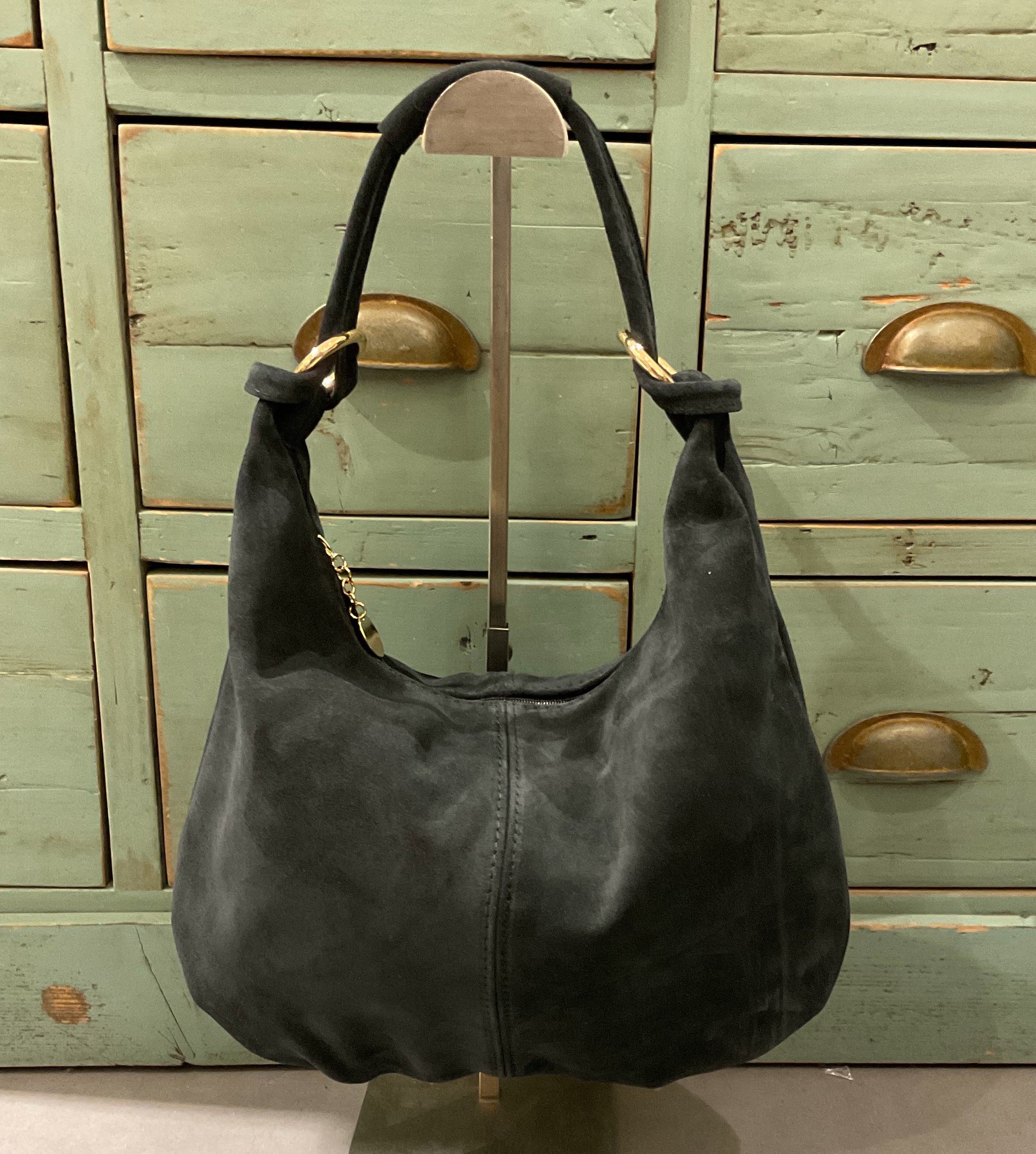 Sac besace hobo en cuir daim souple avec anneaux WILLIAM - Noir