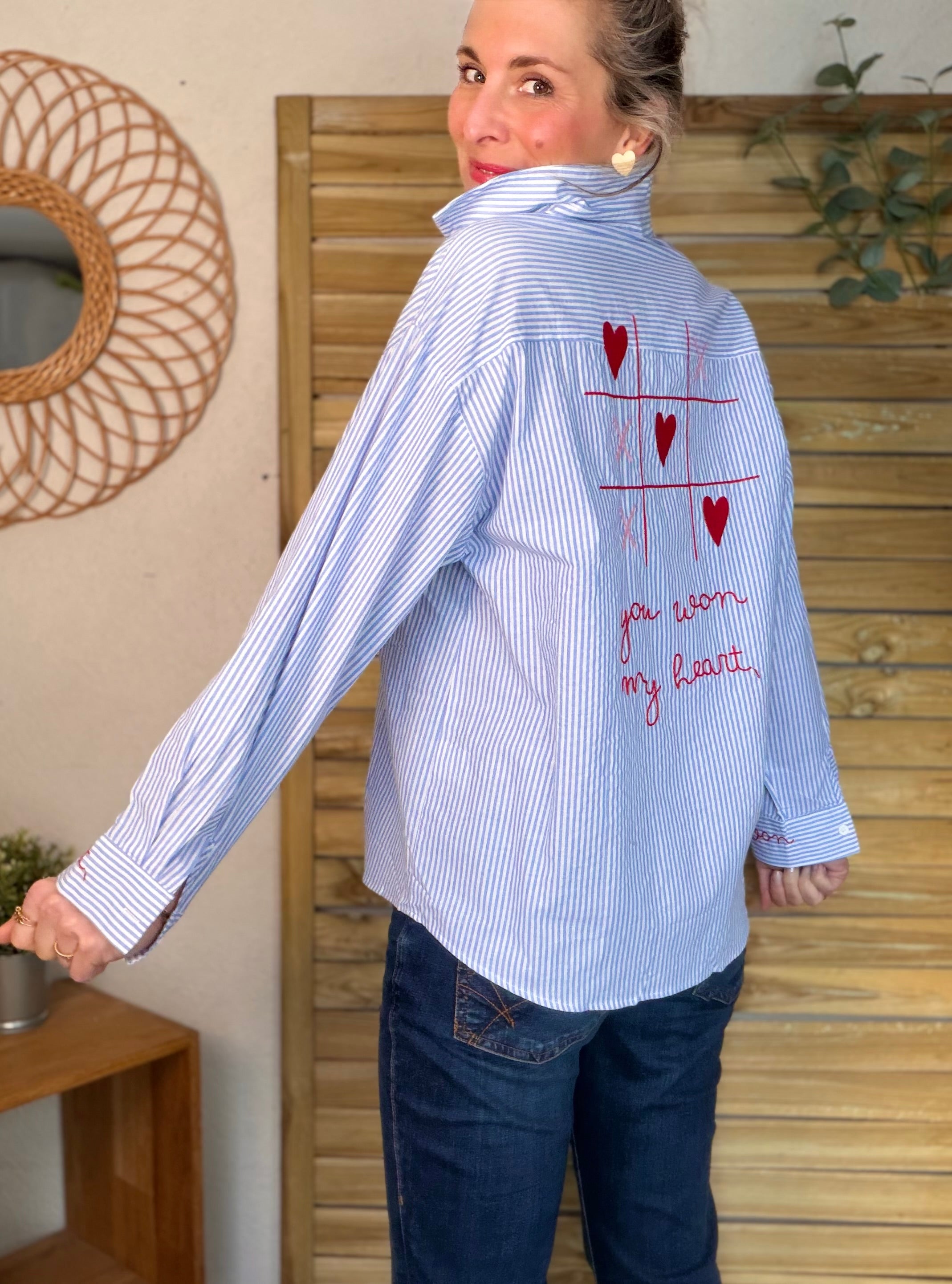 Chemise bleue rayée brodée YOU WON MY HEART ❤️ MAUREEN