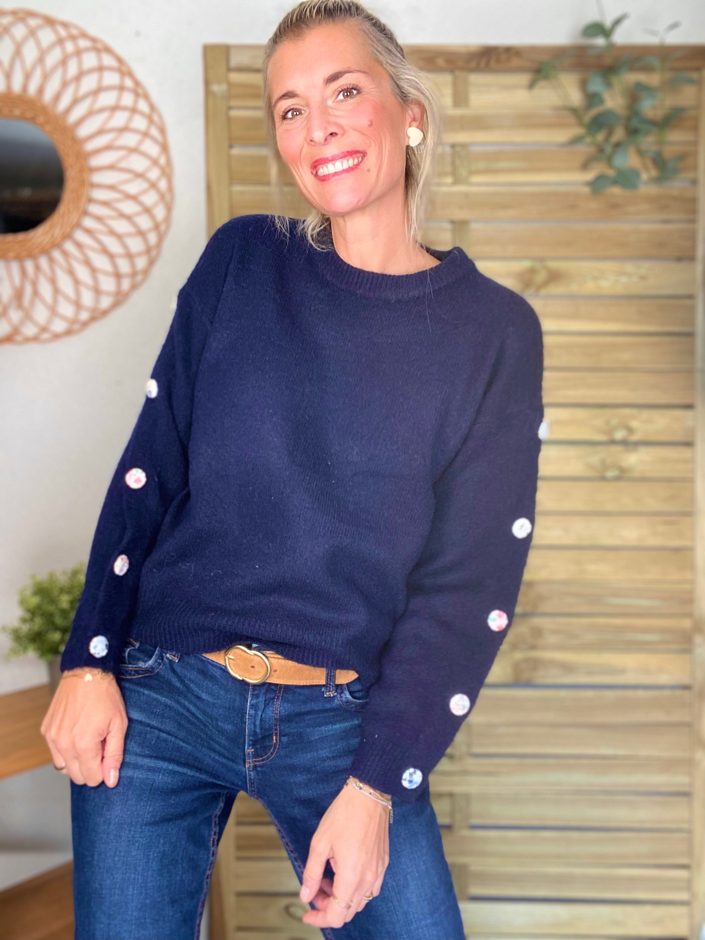 ⚡️ PÉPITES FRIDAY - Pull boutons tissu fleuri - Bleu marine - HAZEL