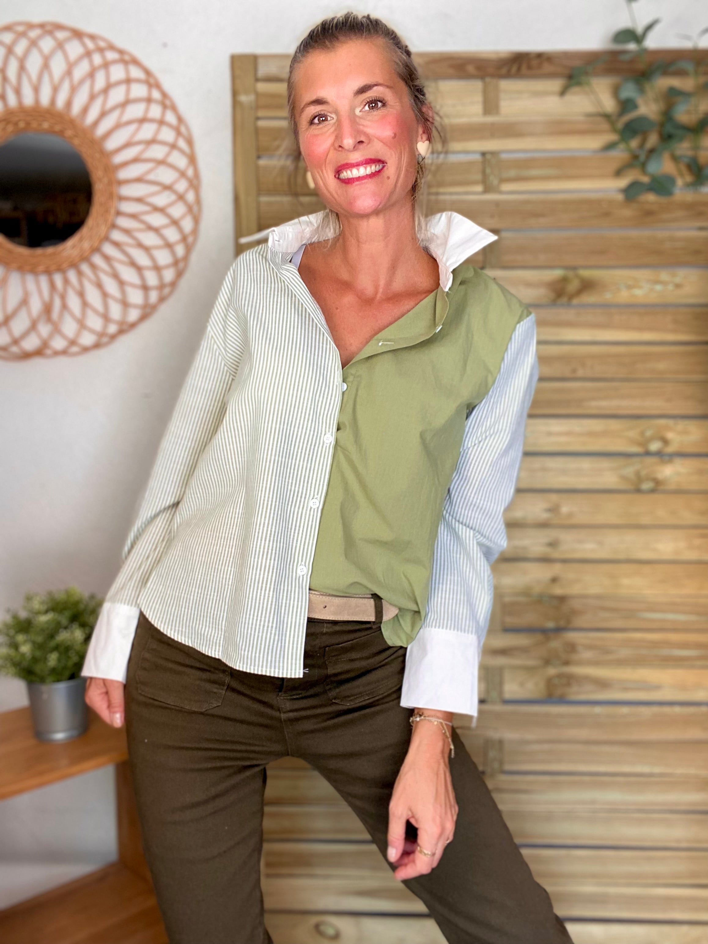 Chemise en coton rayée et uni JULIETTE - Kaki