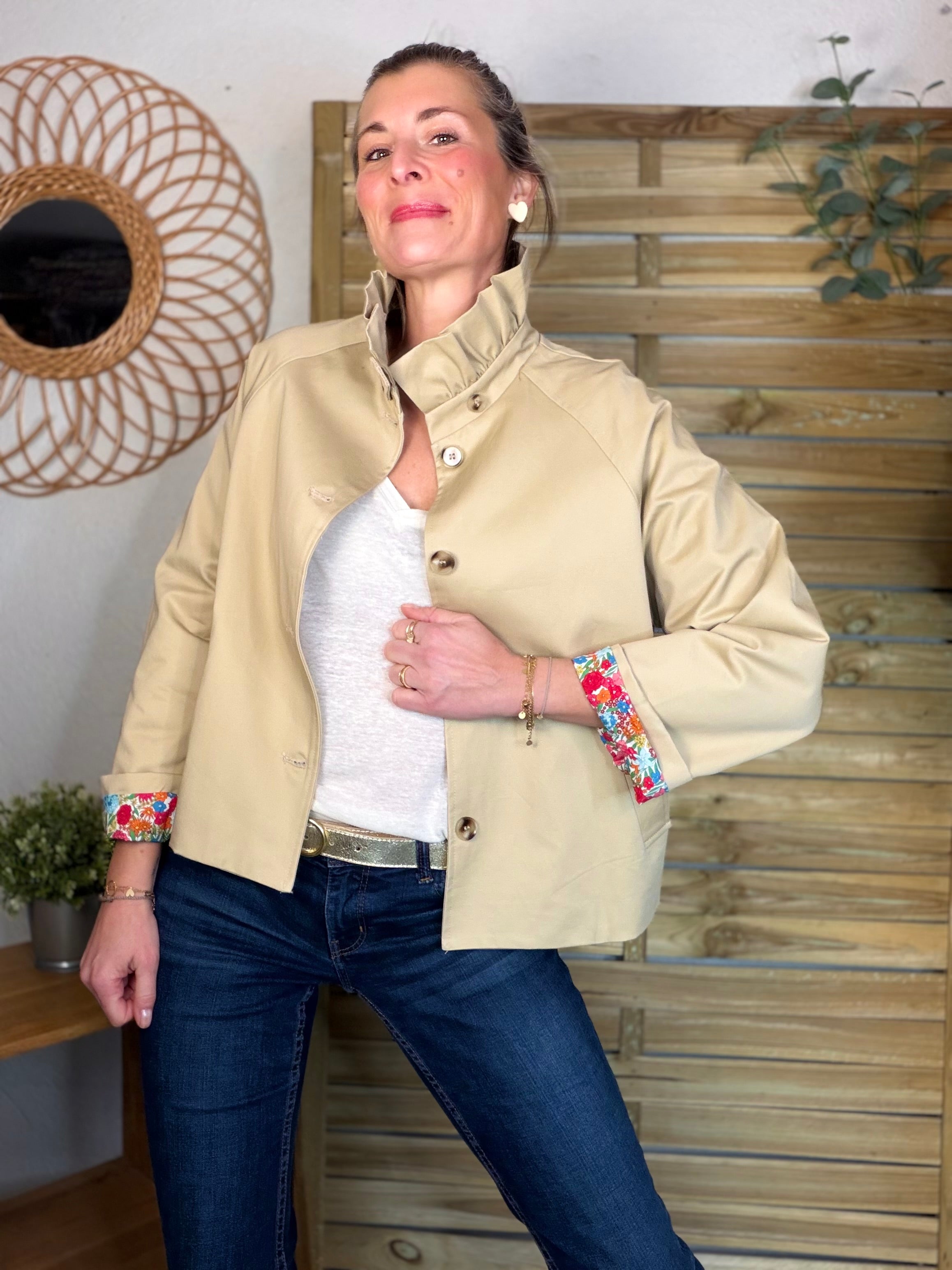 Veste Trench col victorien avec Liberty - VICKY Beige