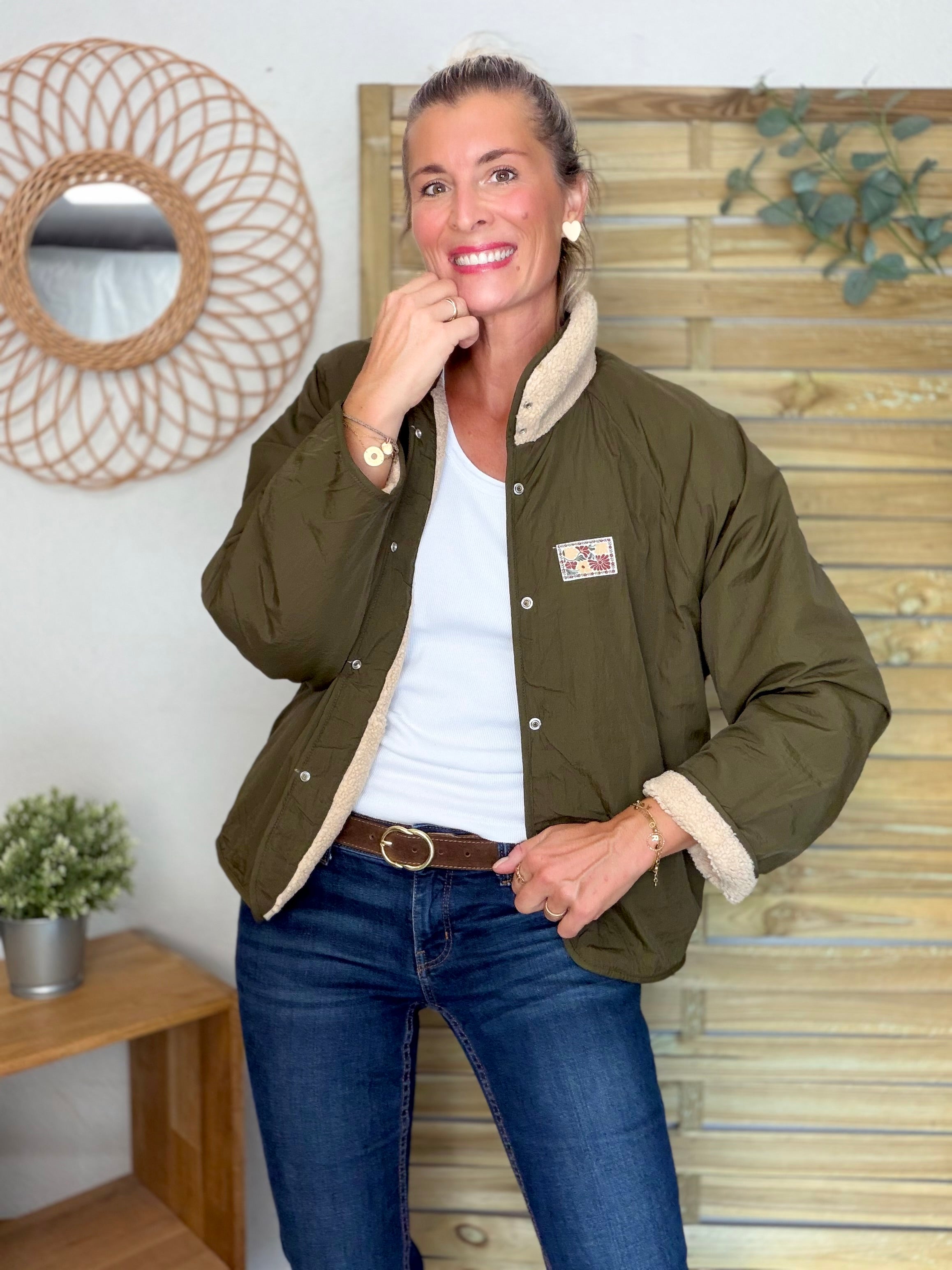 Veste matelassée réversible Sherpa AMÉLIE Kaki / Beige