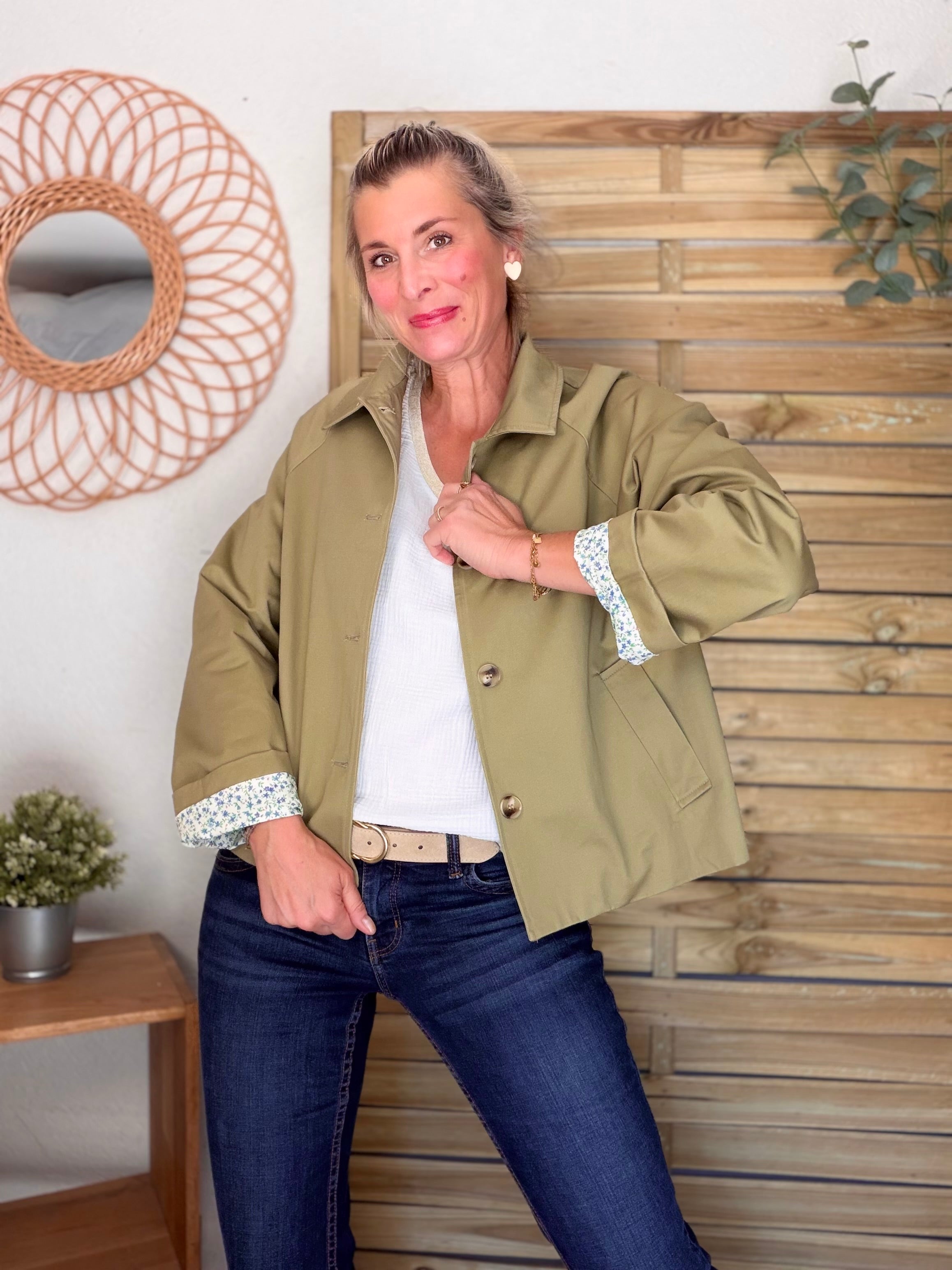 Veste Trench en coton avec Liberty - JOHAN Kaki clair