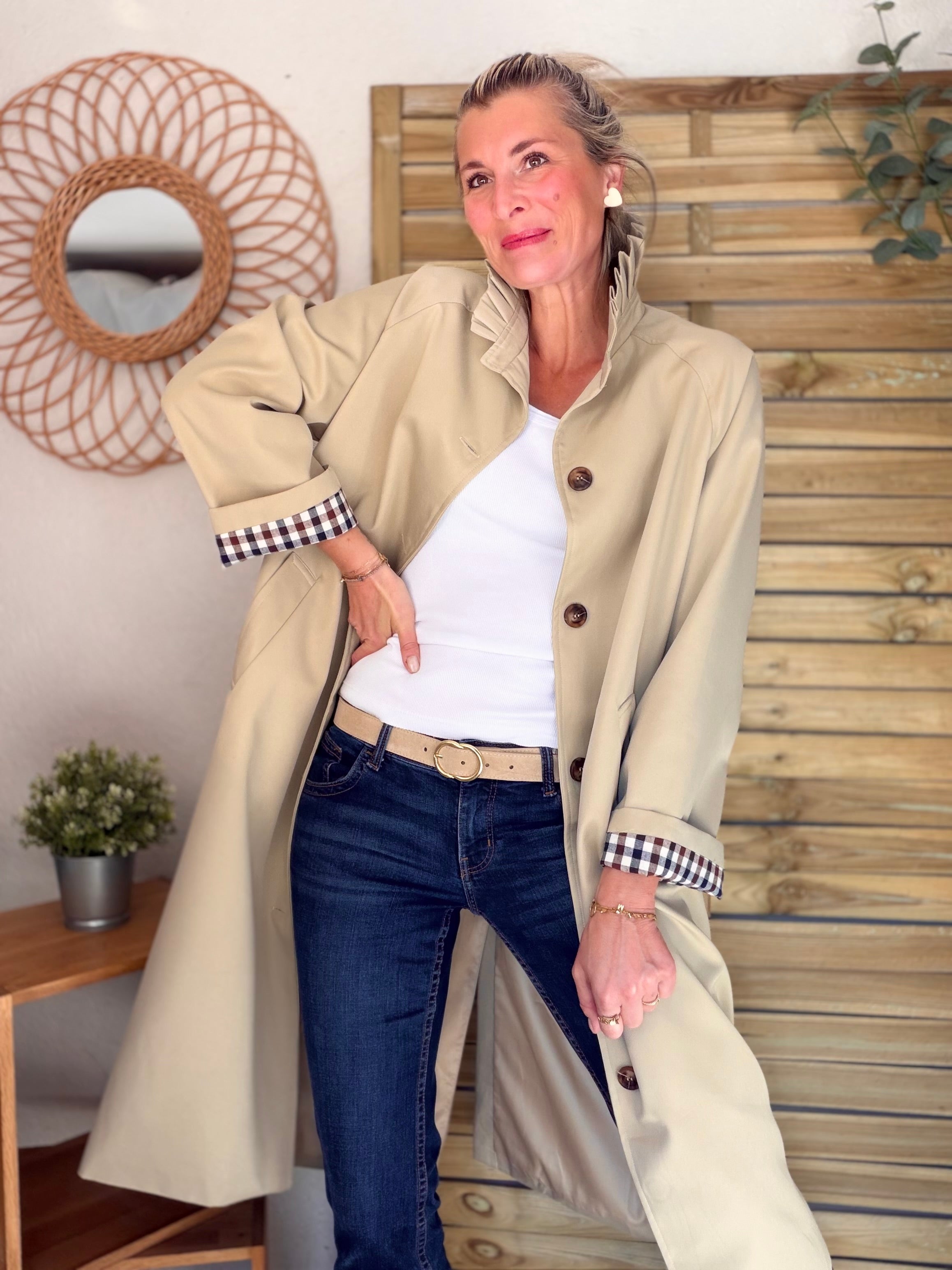 Veste Trench col victorien avec vichy - VICKY LONG Beige