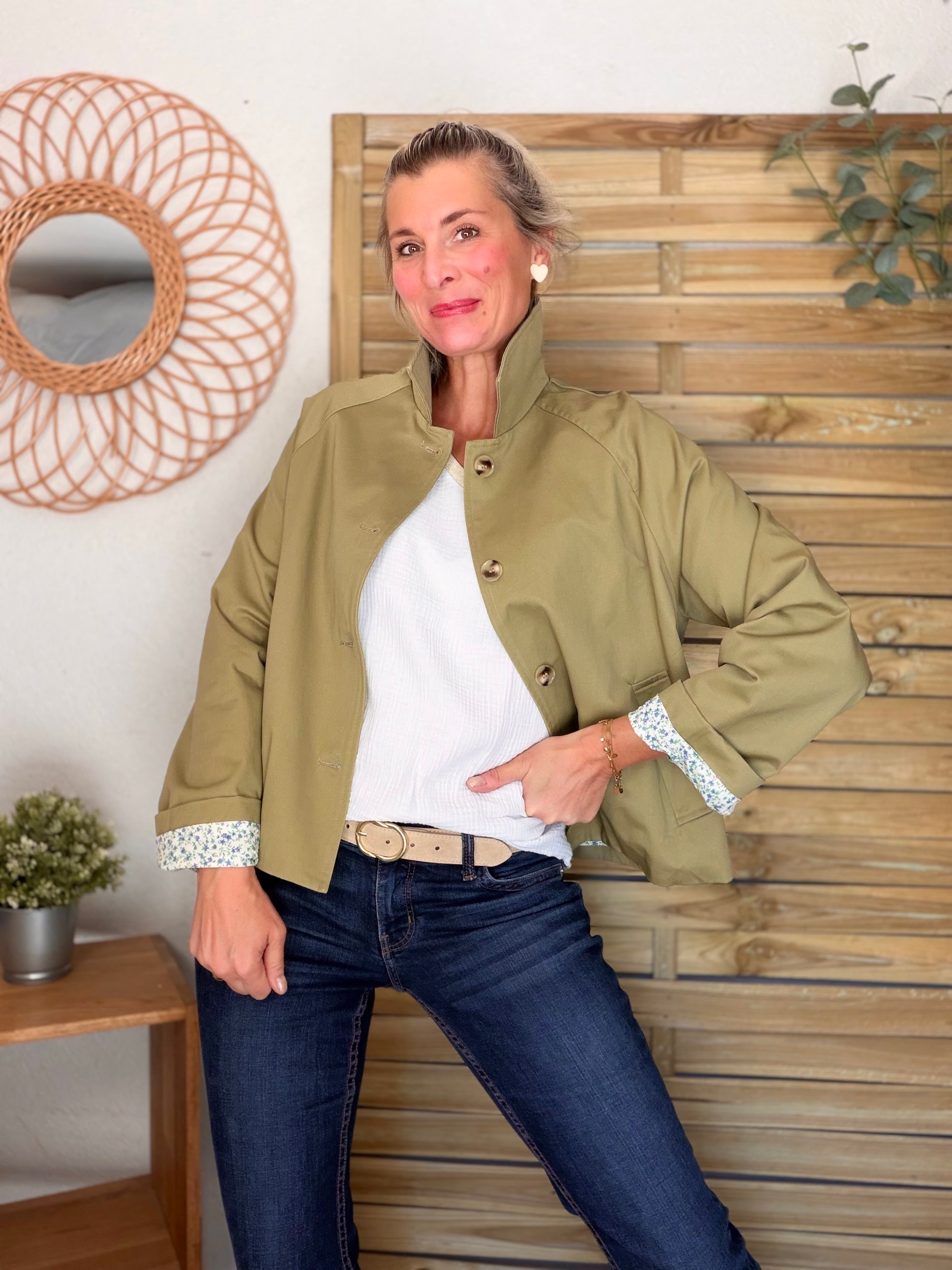 Veste Trench en coton avec Liberty - JOHAN Kaki clair