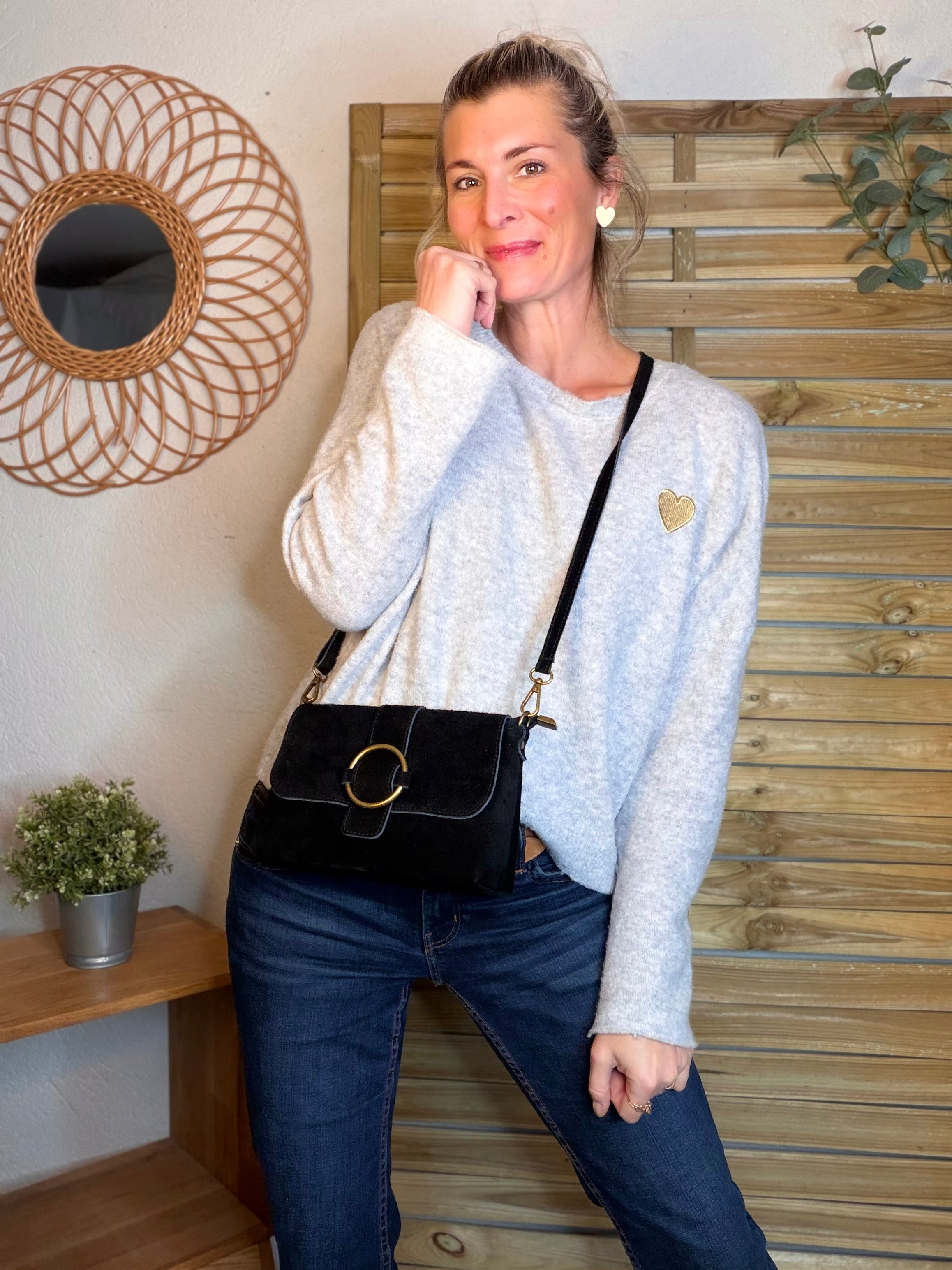 Sac bandoulière en croute de cuir BLAKE - Noir