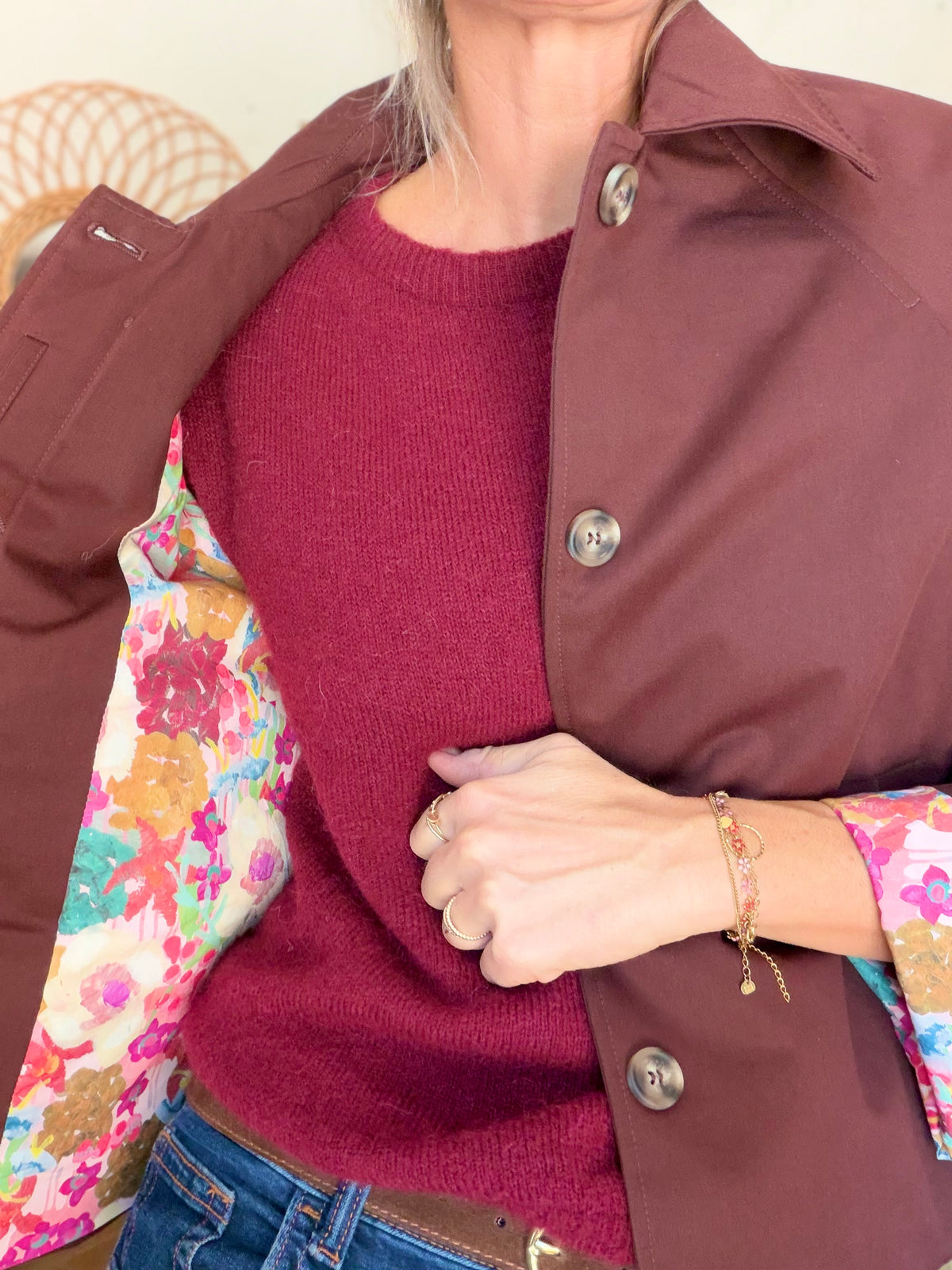 Veste Trench en coton Bordeaux fleuri - MAHAUT - LILI et LALA