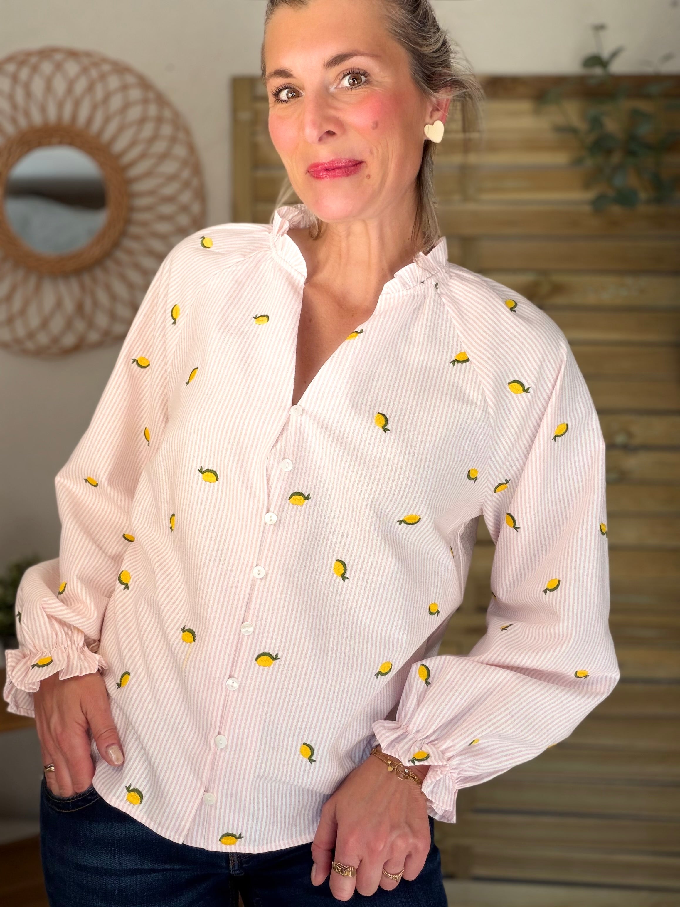 Blouse rayée rose avec citrons brodés 🍋 NICOLE