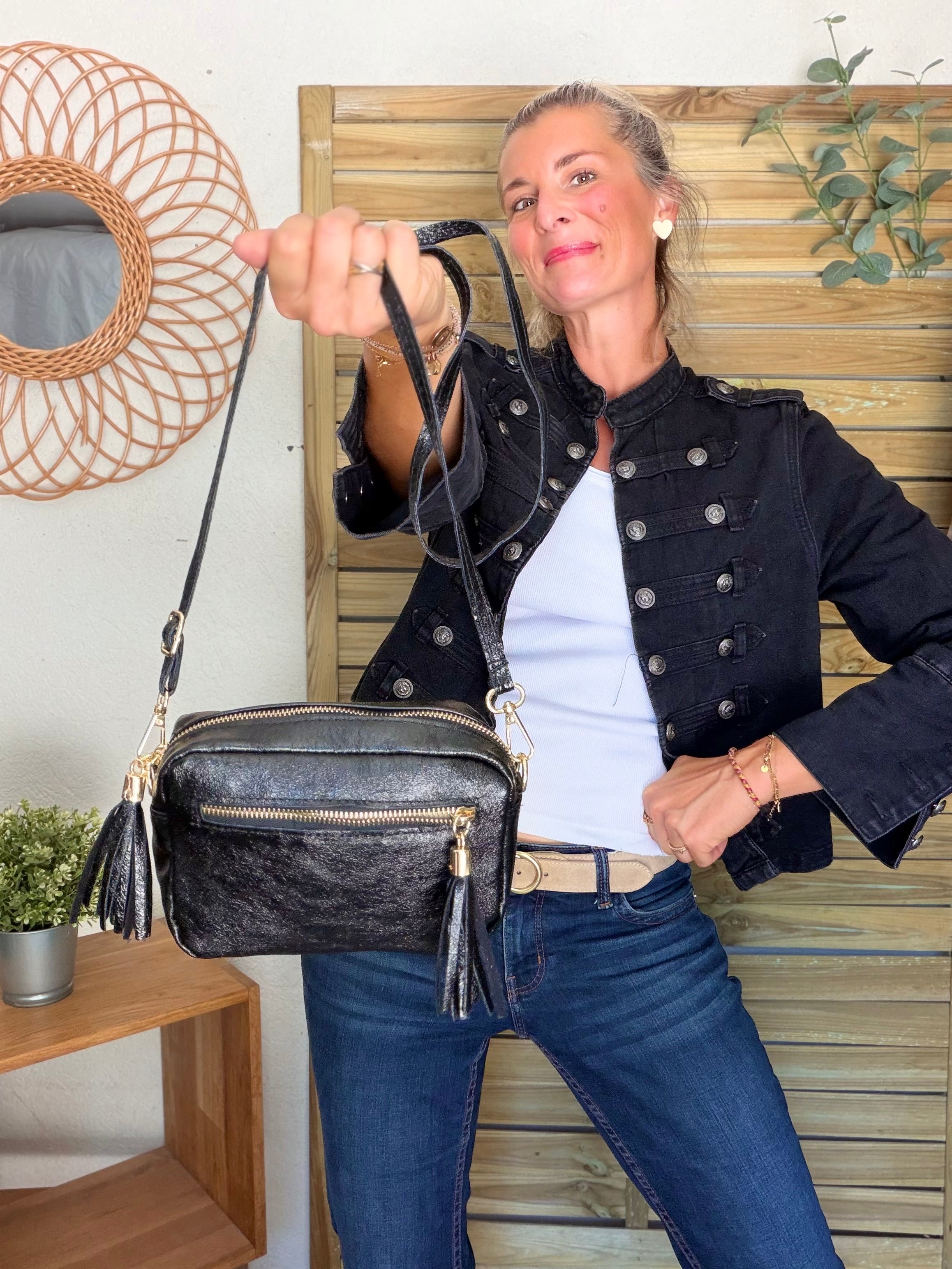 Sac bandoulière en cuir irisé - CHERRY - Noir