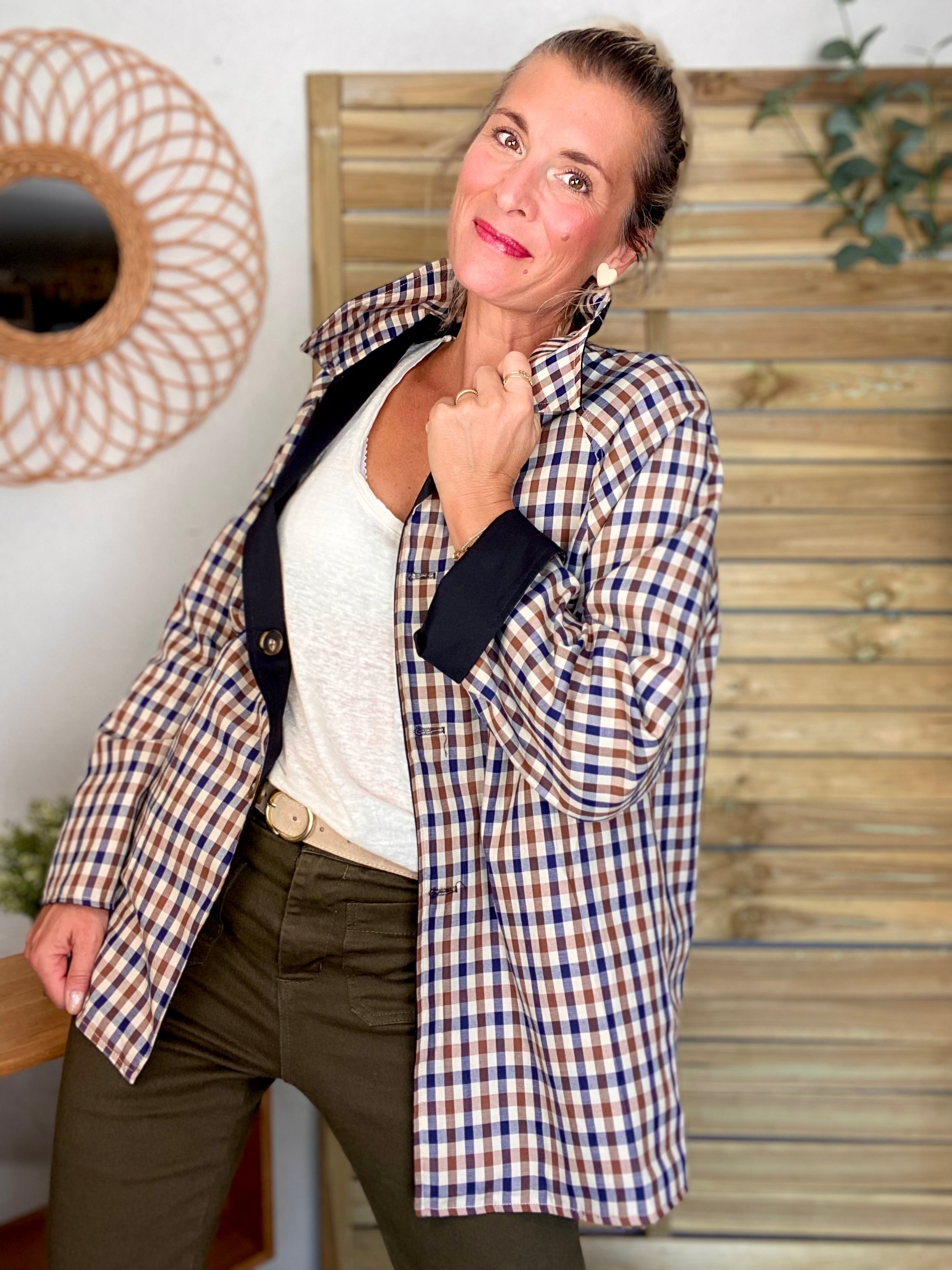 Veste Trench mi long réversible vichy LENA - Noir