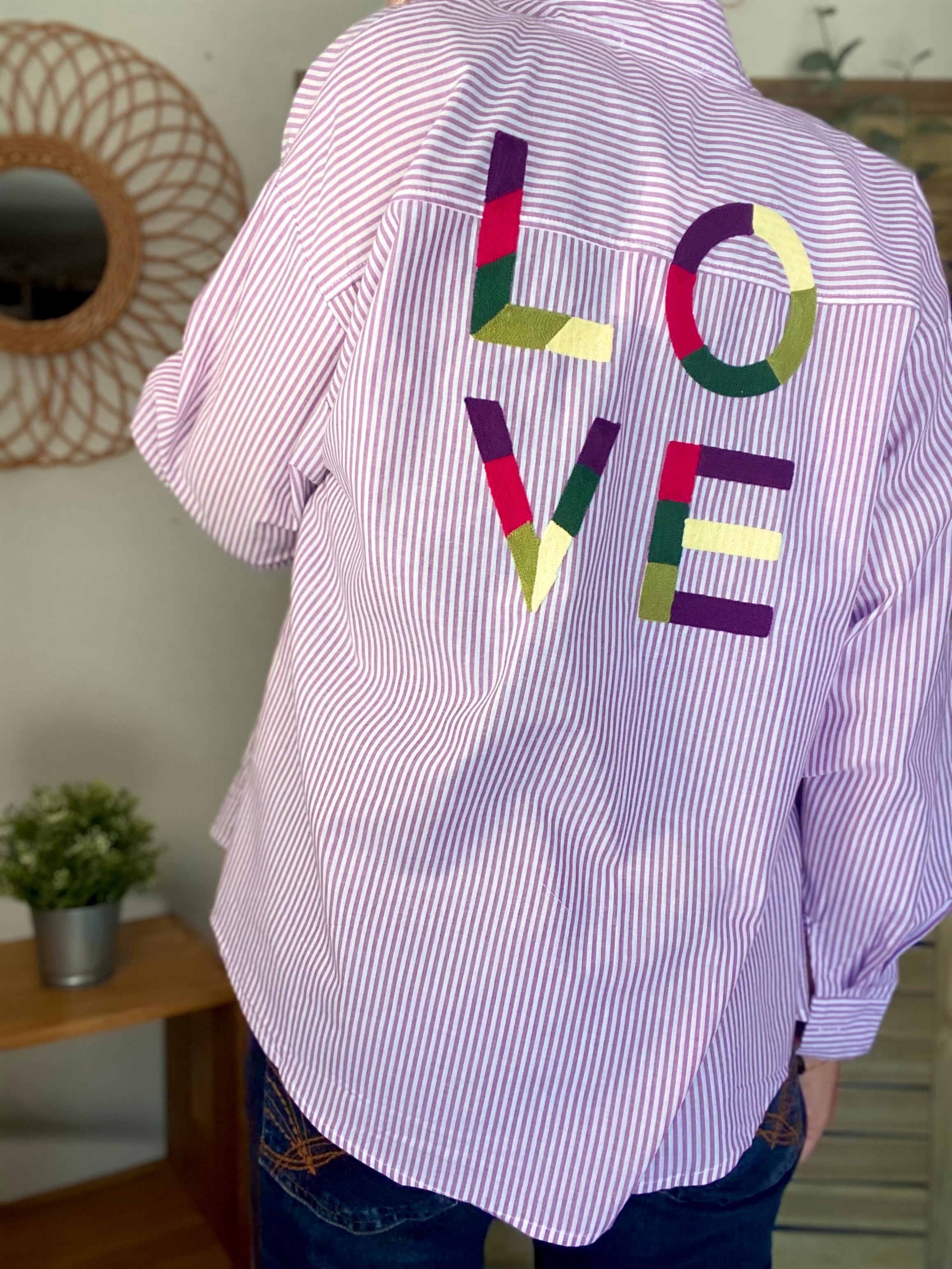 Chemise rayée brodée LOVE multico LANA - Rose cerise