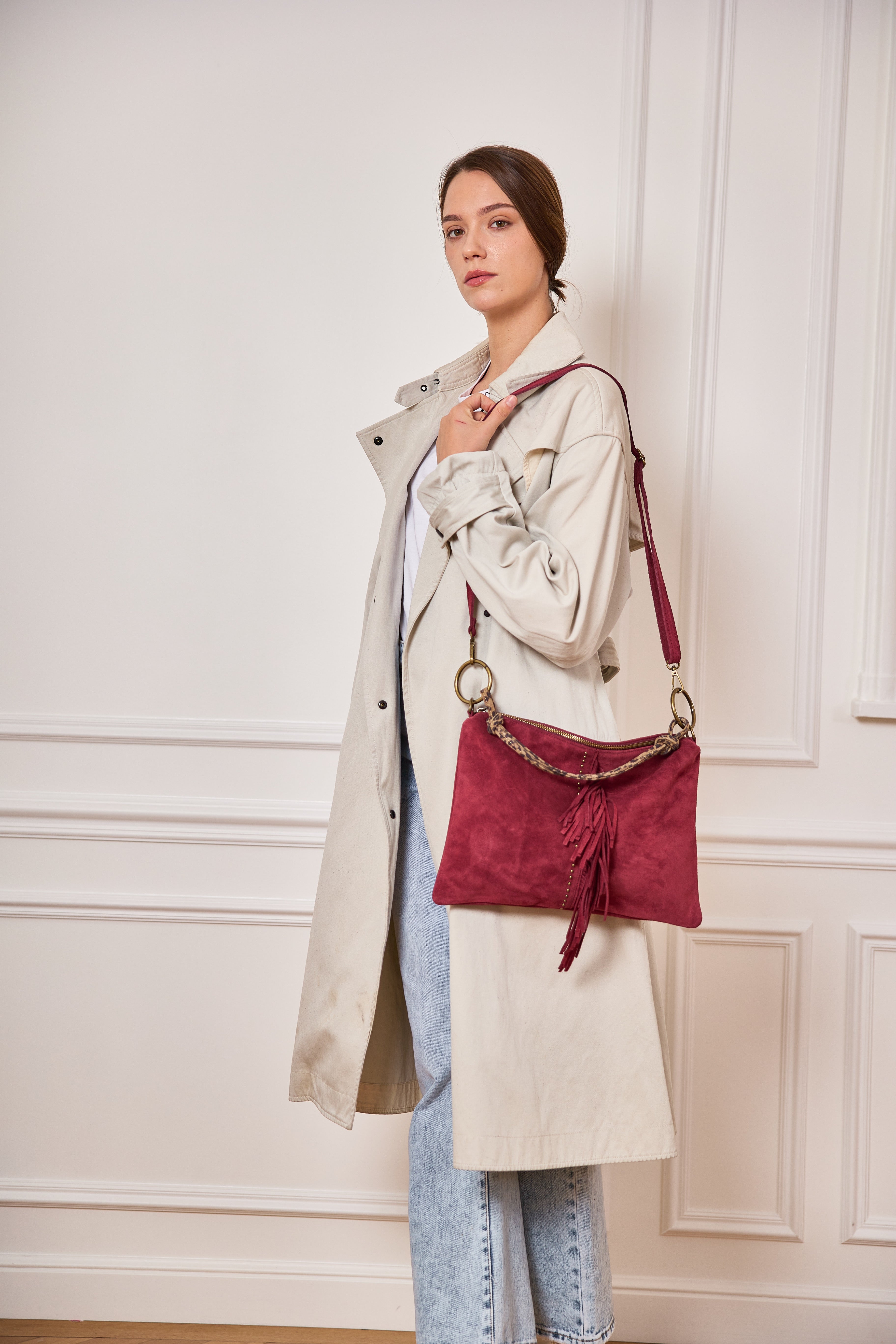 ⚡️PÉPITES FRIDAY - Sac en cuir daim 2 bandoulières (Léo et bordeaux) - Bordeaux - BROOKLYN