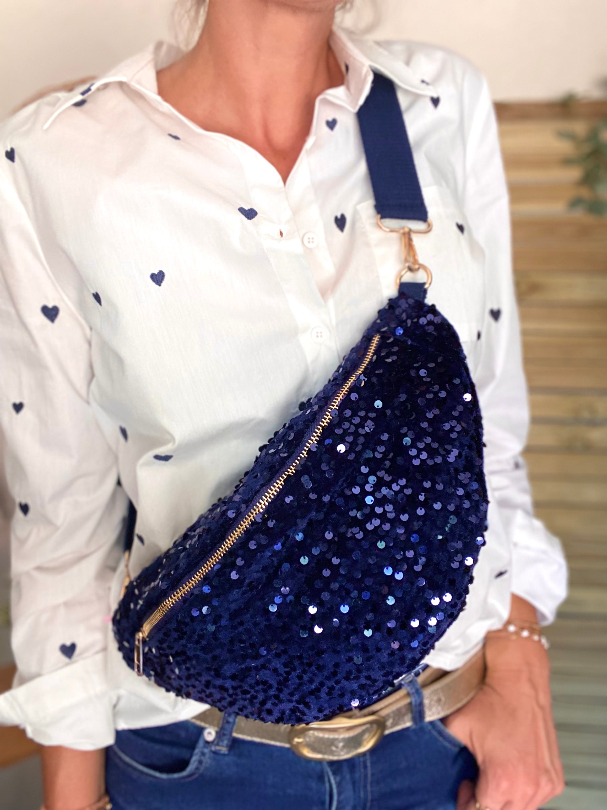 Sac banane L velours à sequins Ciao Boum - TAYLOR - Bleu marine