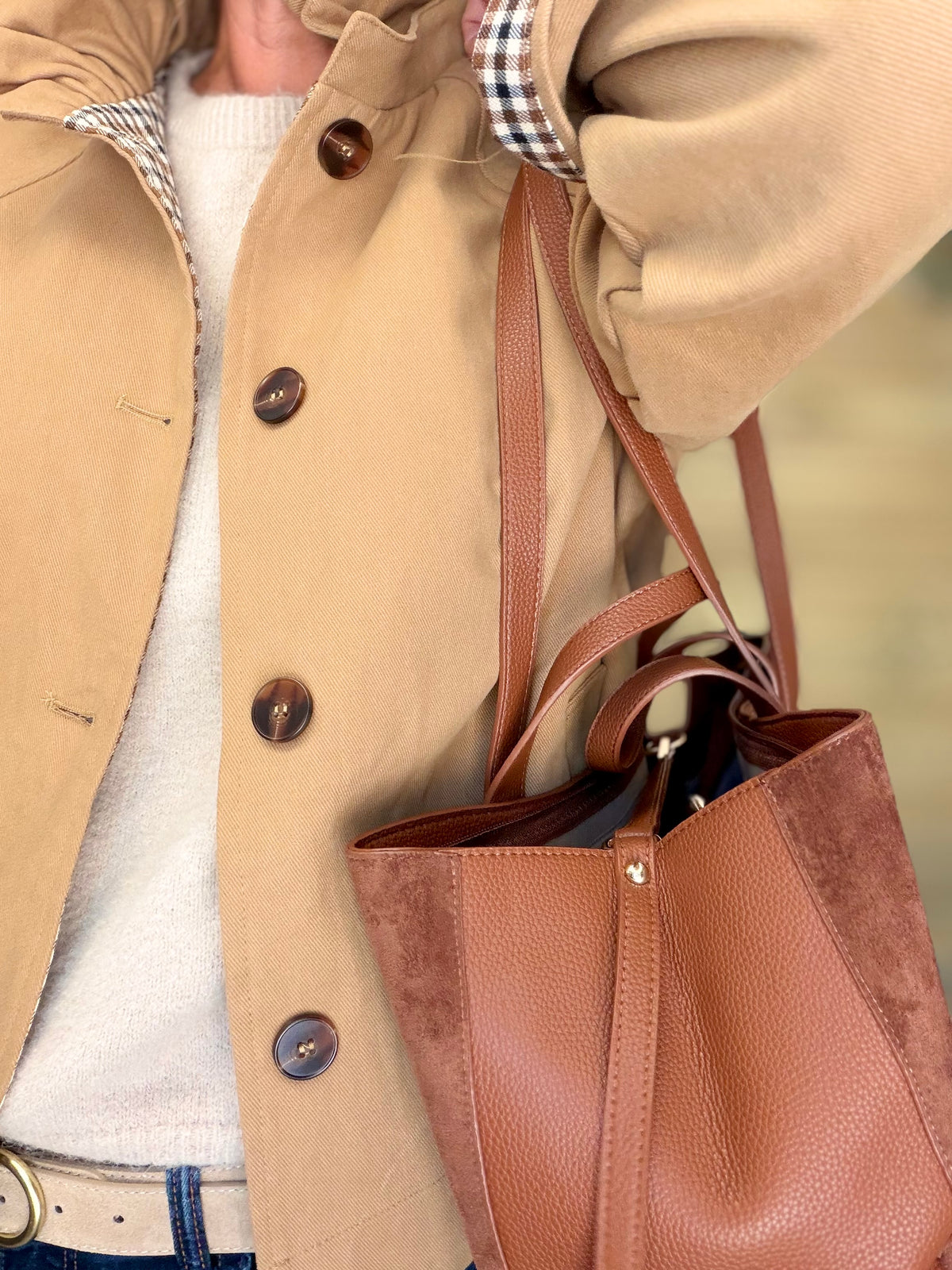 Grand Sac cabas 2 en 1 en simili daim - LAURÈNE Camel