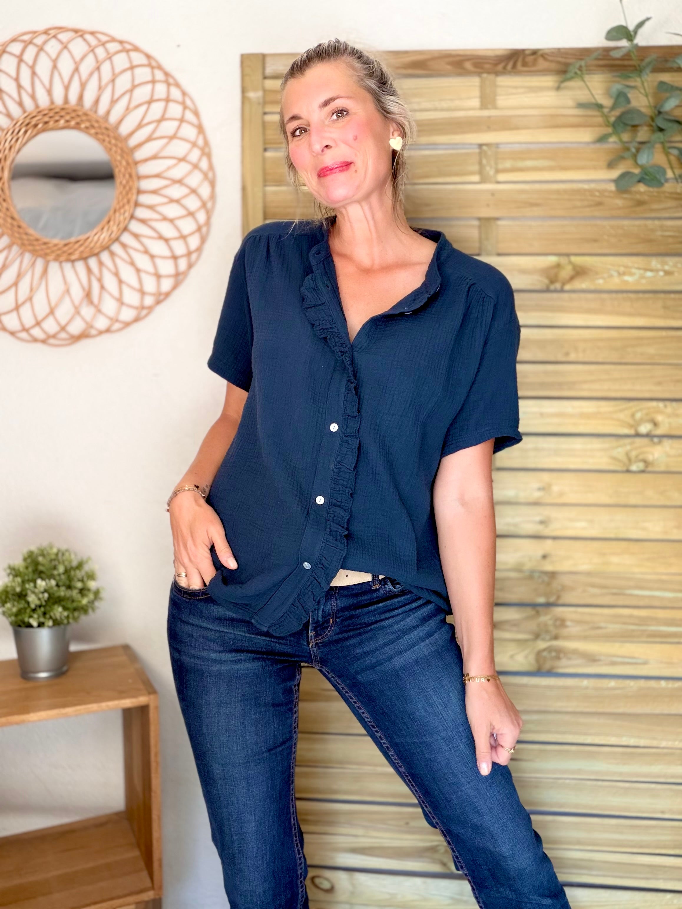 Blouse en gaze de coton ANAËLLE Bleu marine