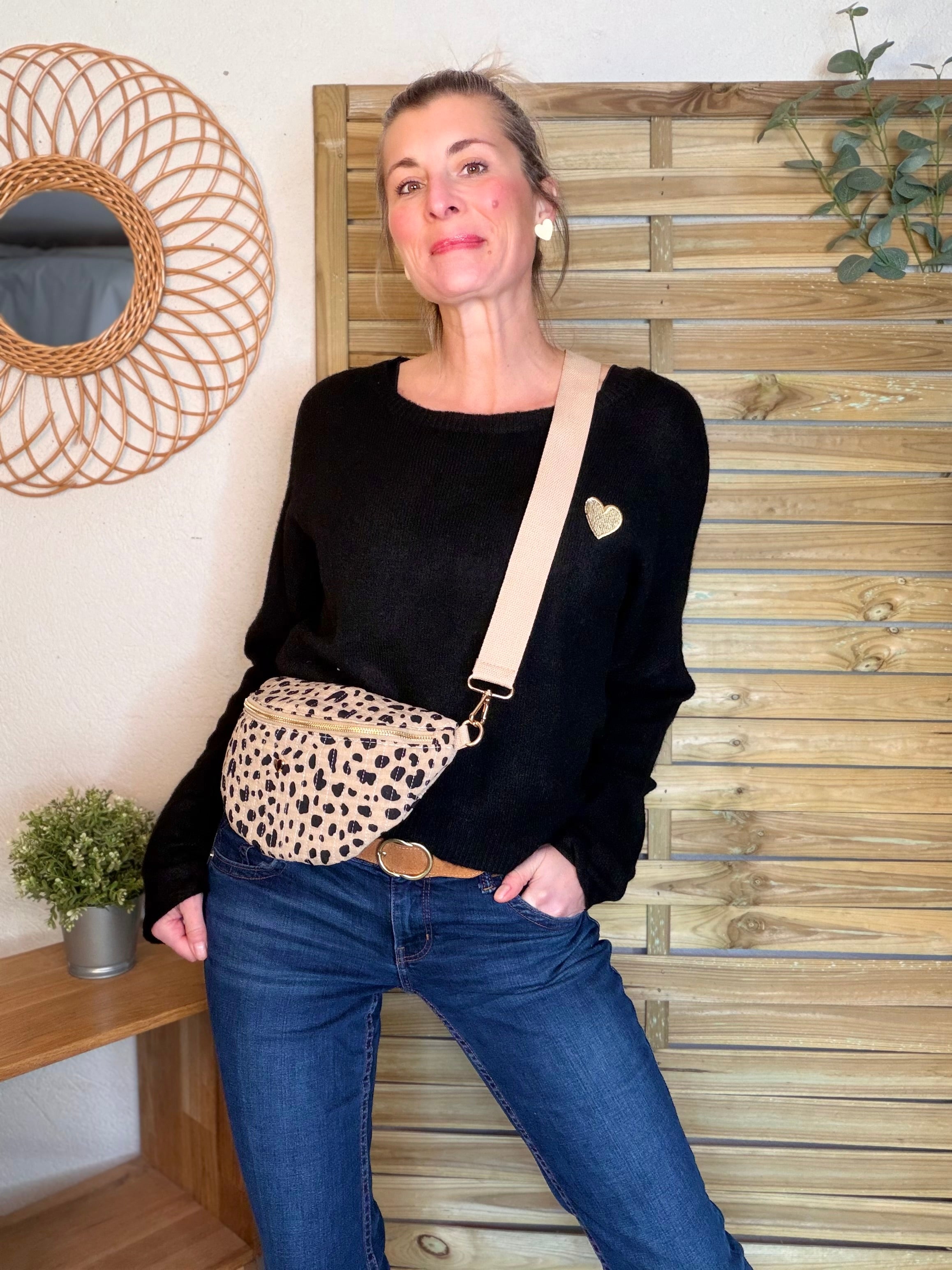 Sac banane L matelassé cœur doré 💛 JOSIE - Tacheté taupe