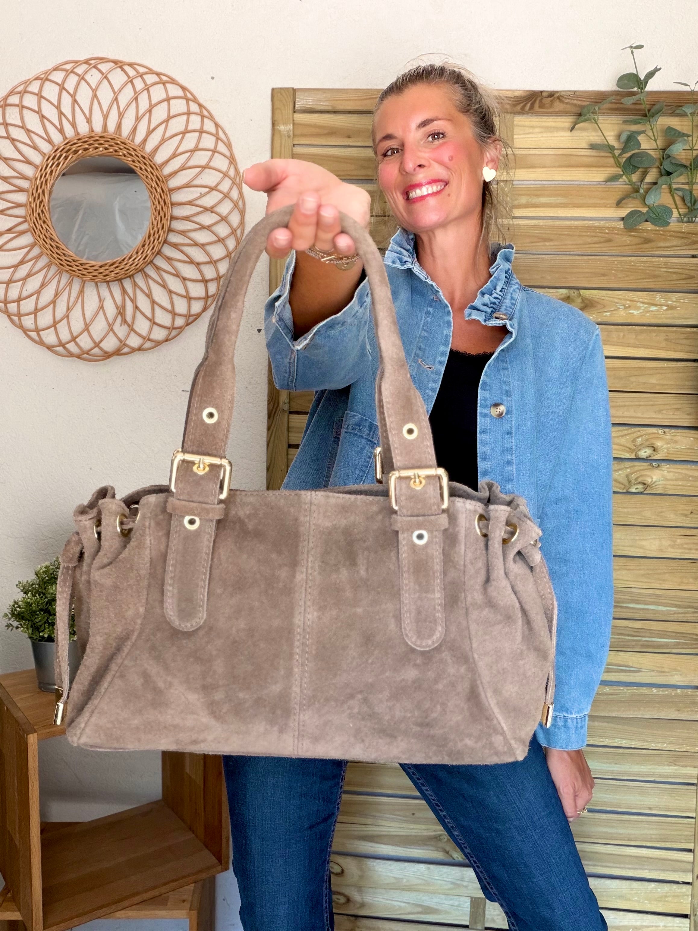 Sac à main en cuir daim GERY - Taupe