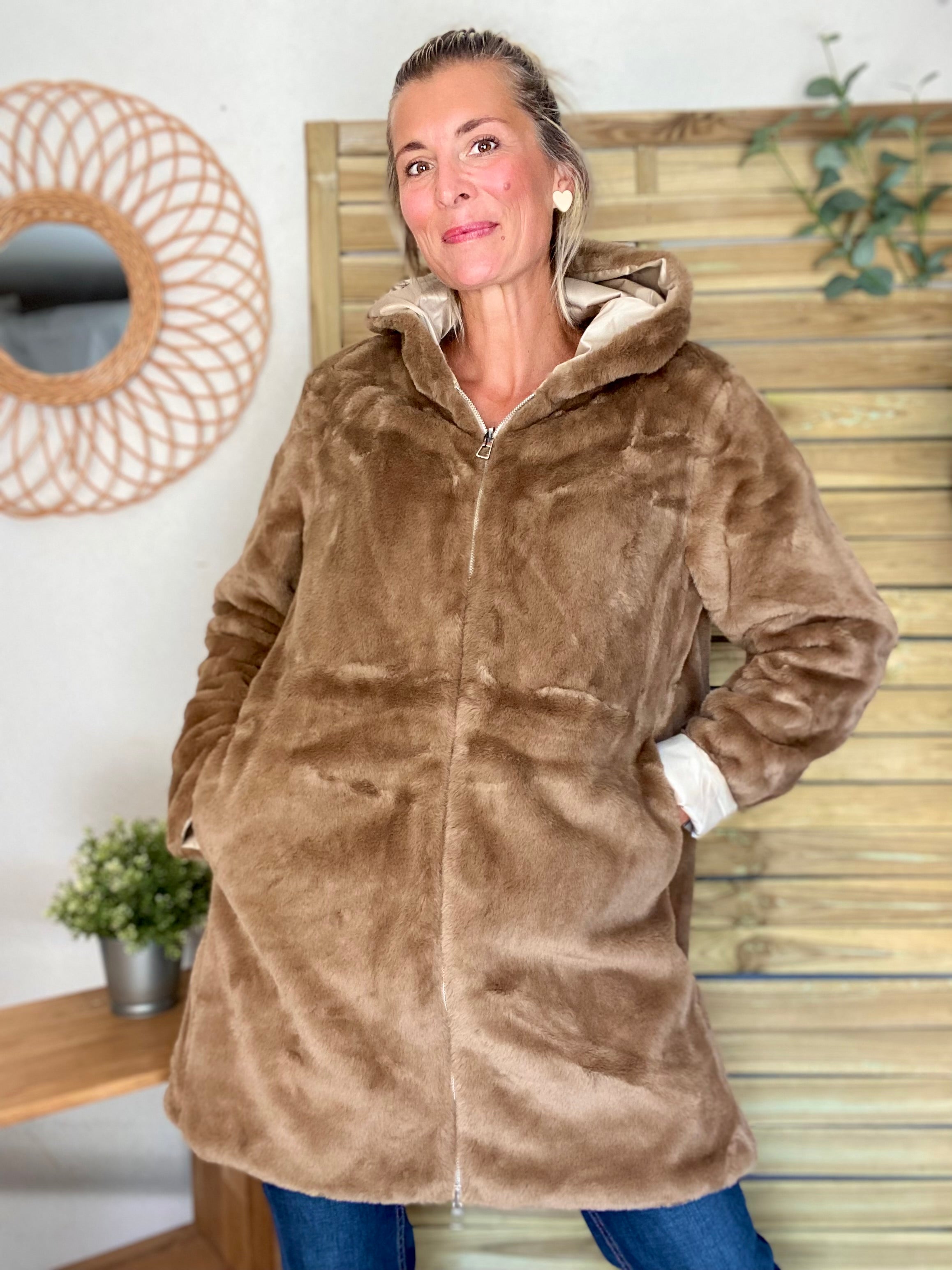 Parka Imperméable réversible fourrée Sable irisé / Camel ALIX - LAURA JO