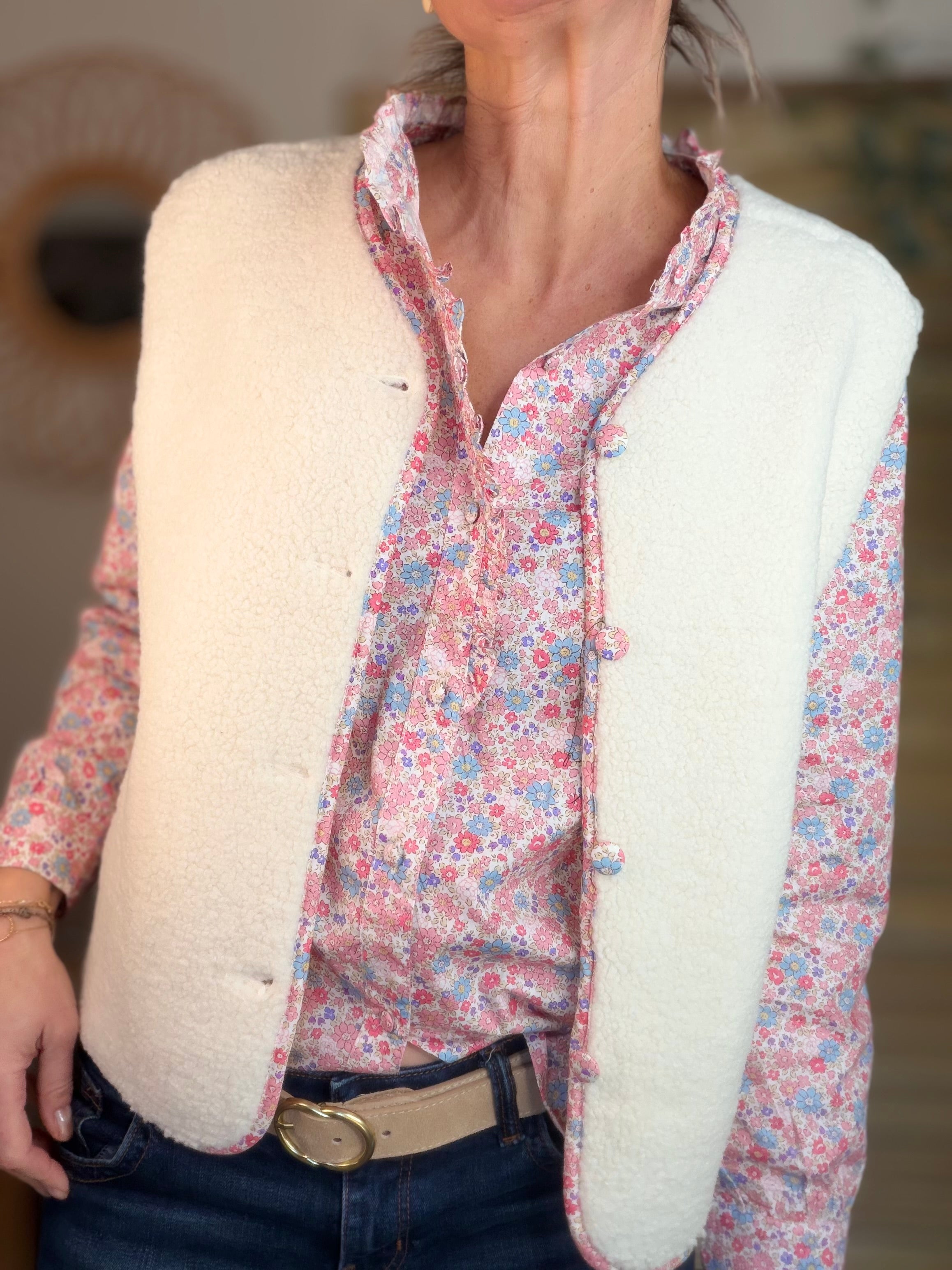 Chemise imprimée Liberty rose clair, col volanté SOLANE