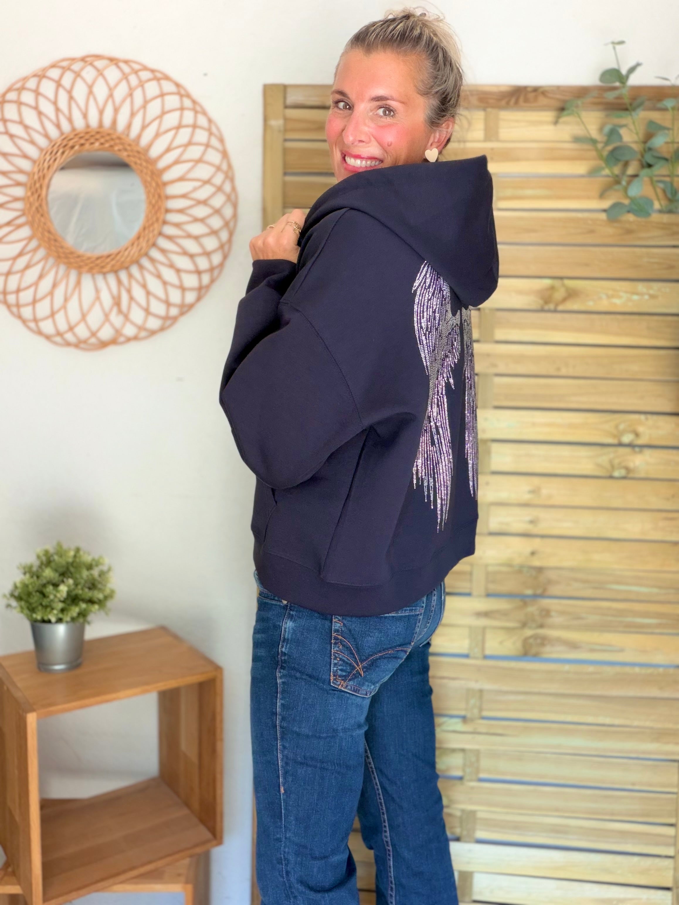 Hoodie sweat gilet strass (ailes)  CLOTHILDE - Bleu marine