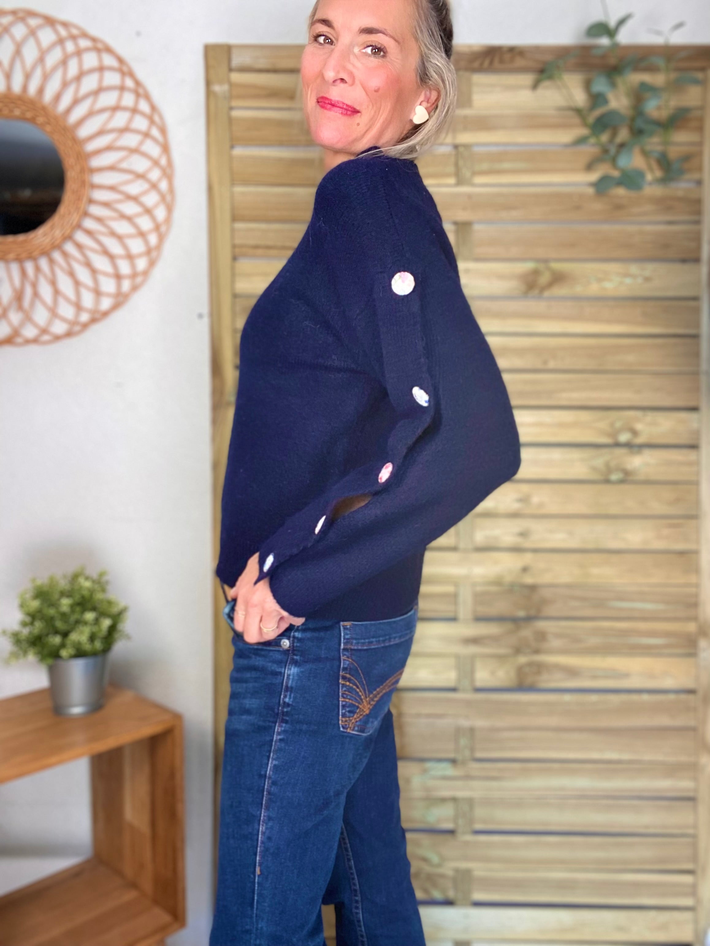 ⚡️ PÉPITES FRIDAY - Pull boutons tissu fleuri - Bleu marine - HAZEL