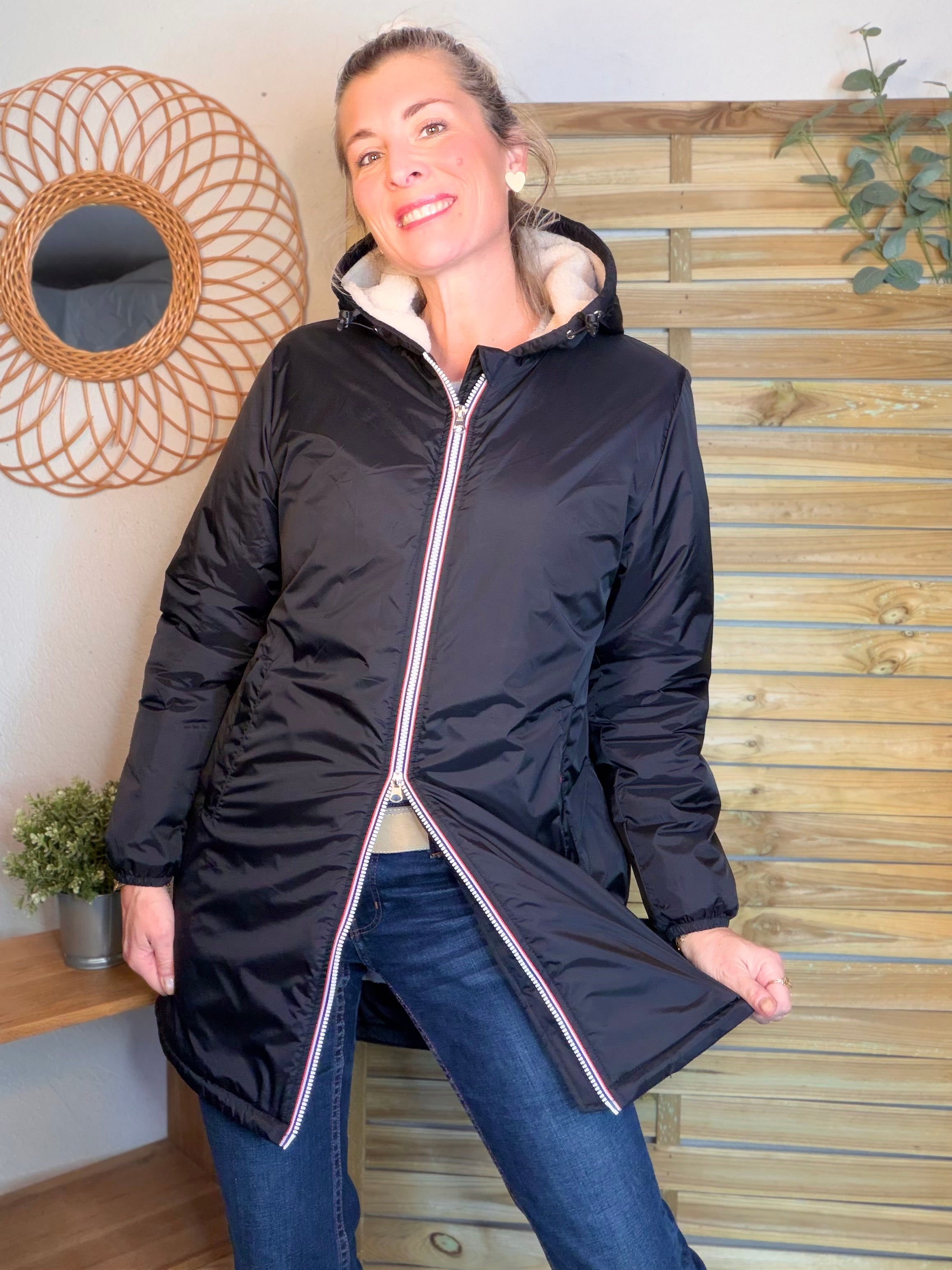 Parka Imperméable LOUISE LONG Sherpa écru - Noir - LAURA JO