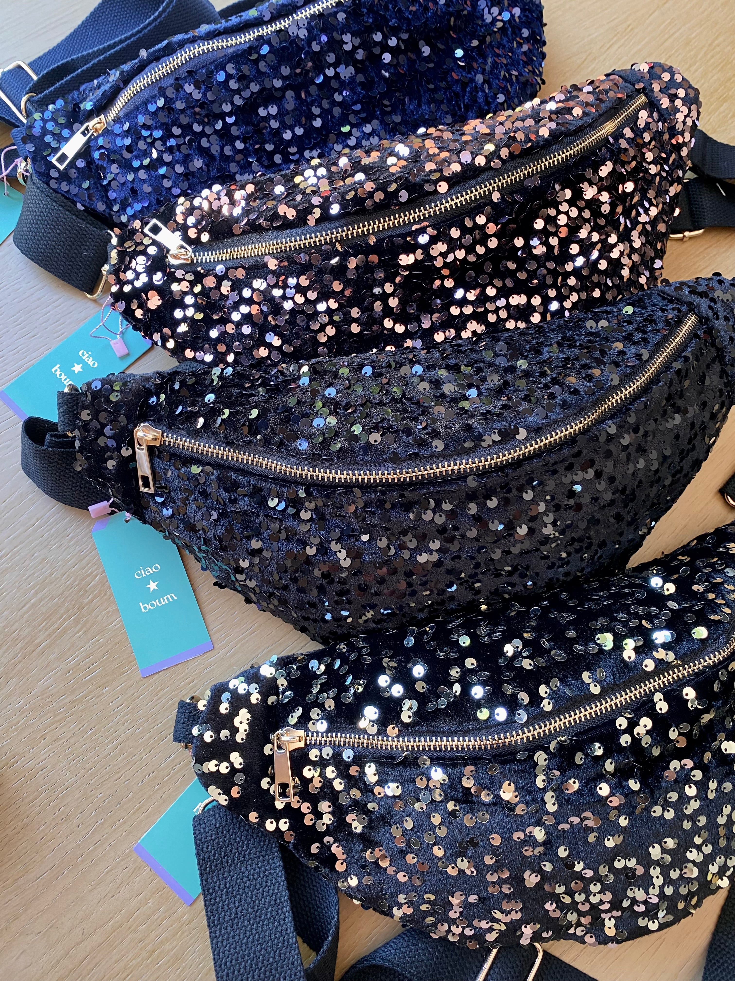 Sac banane L velours à sequins Ciao Boum - TAYLOR - Noir à sequins dorés