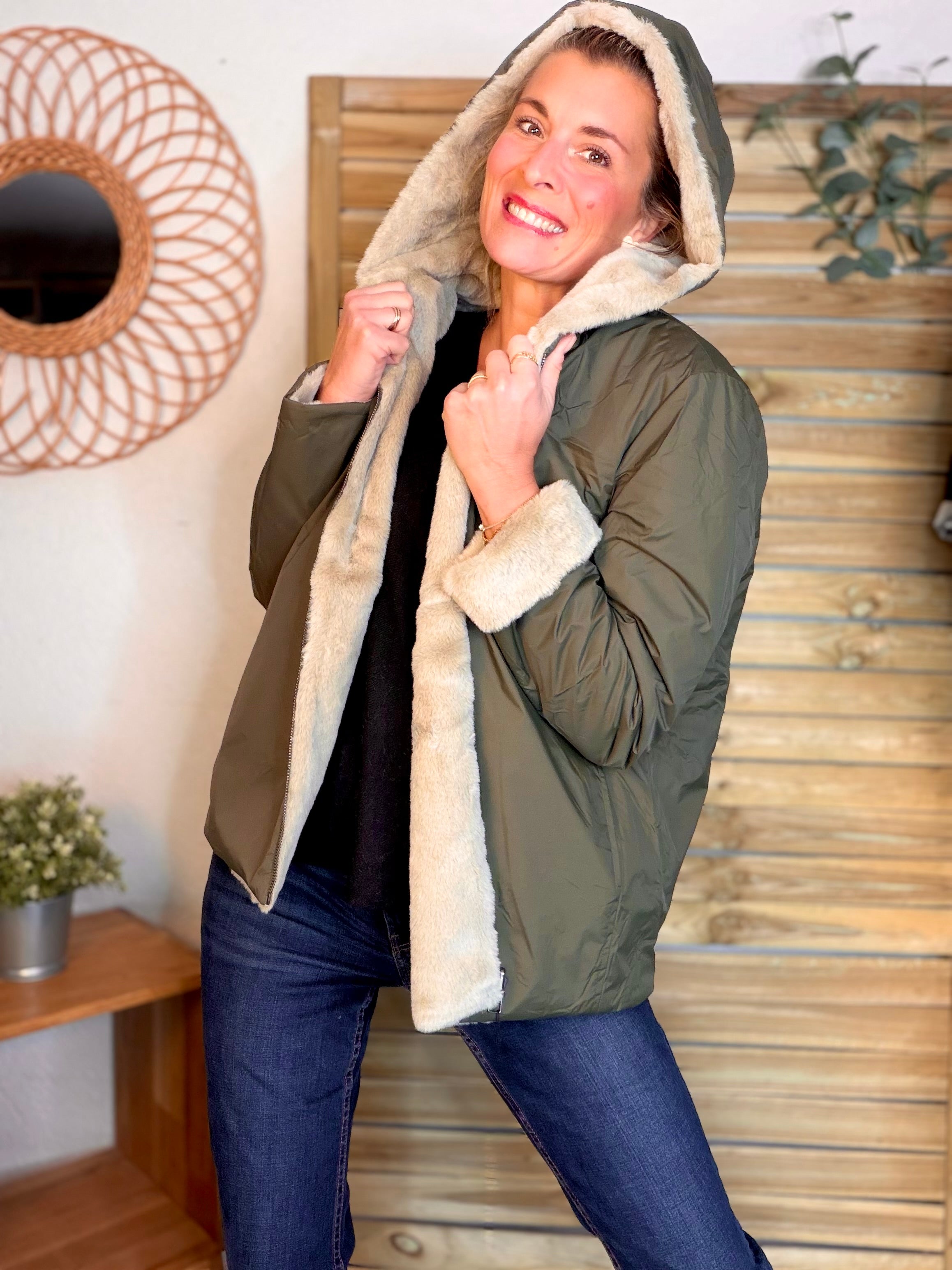 Parka Imperméable réversible fourrée Kaki / Beige ALIX Court - LAURA JO
