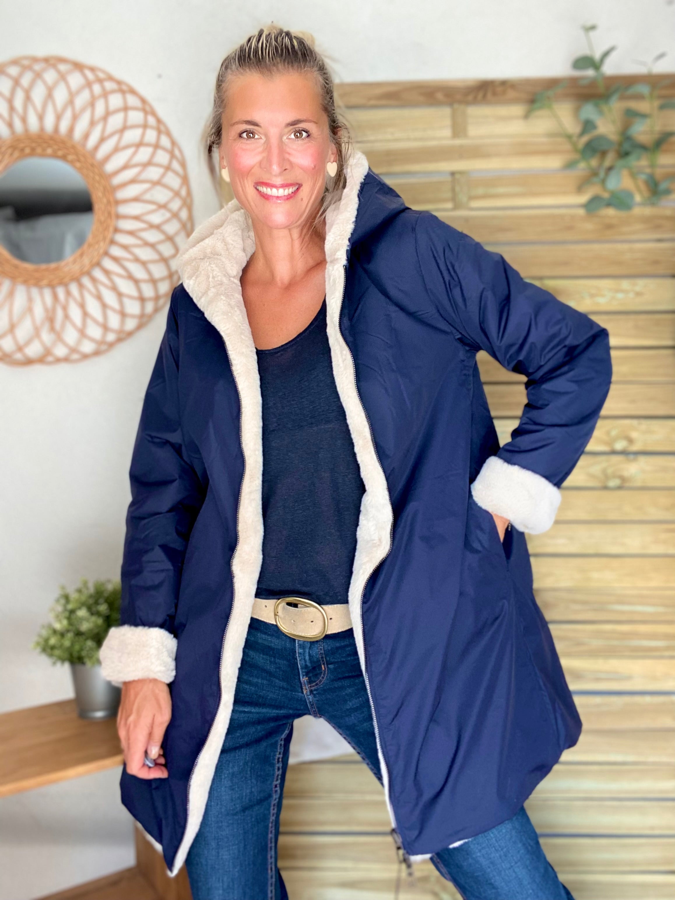 Parka Imperméable réversible fourrée Bleu marine / Beige ALIX - LAURA JO