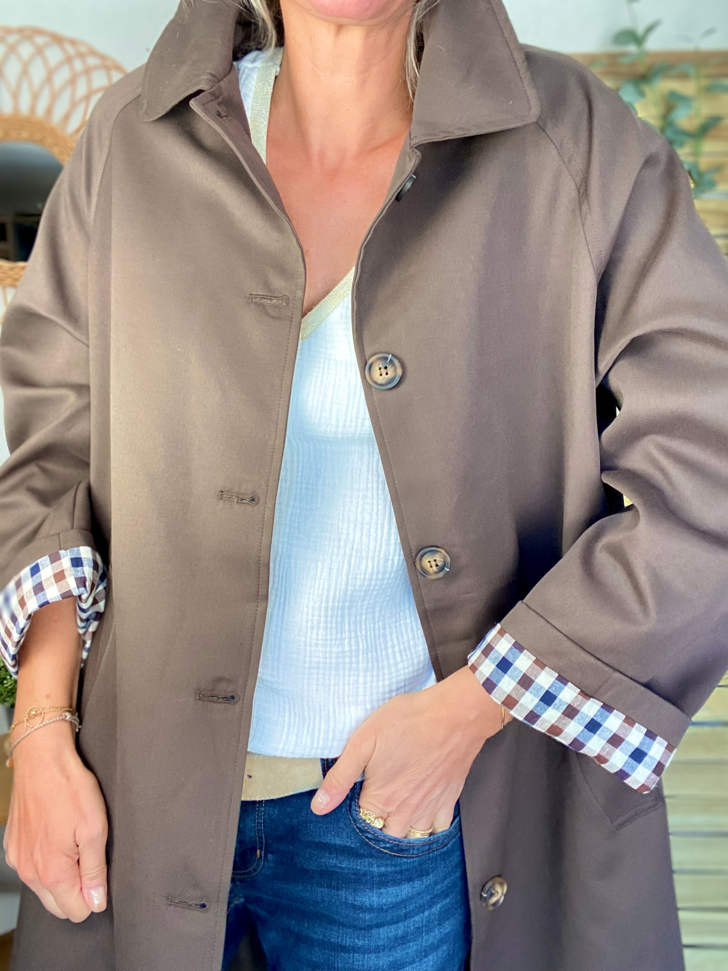 Veste Trench en coton avec vichy - YSEULT long Chocolat