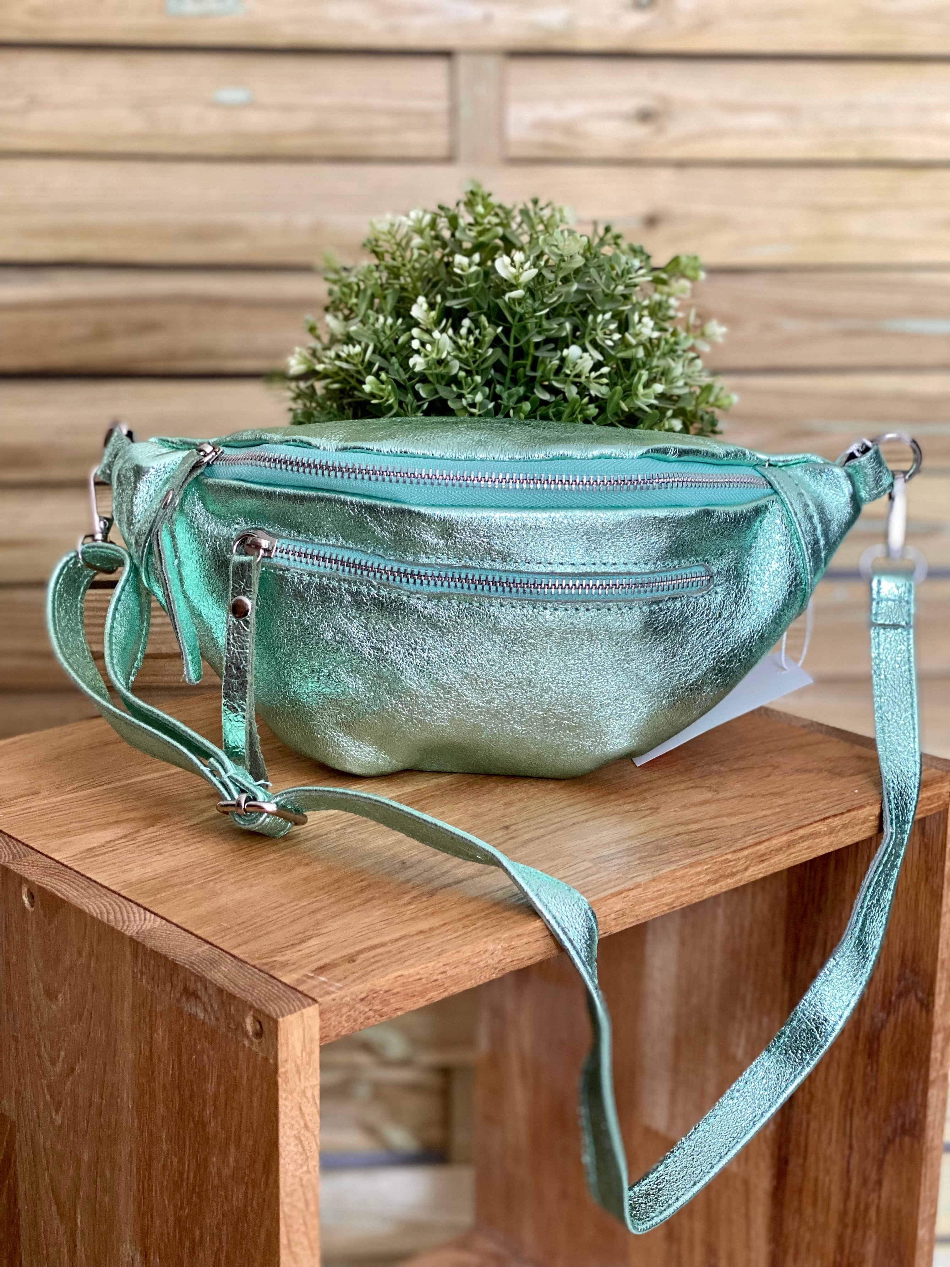 Sac banane en cuir irisé double poche - OPALE  - Vert d’eau