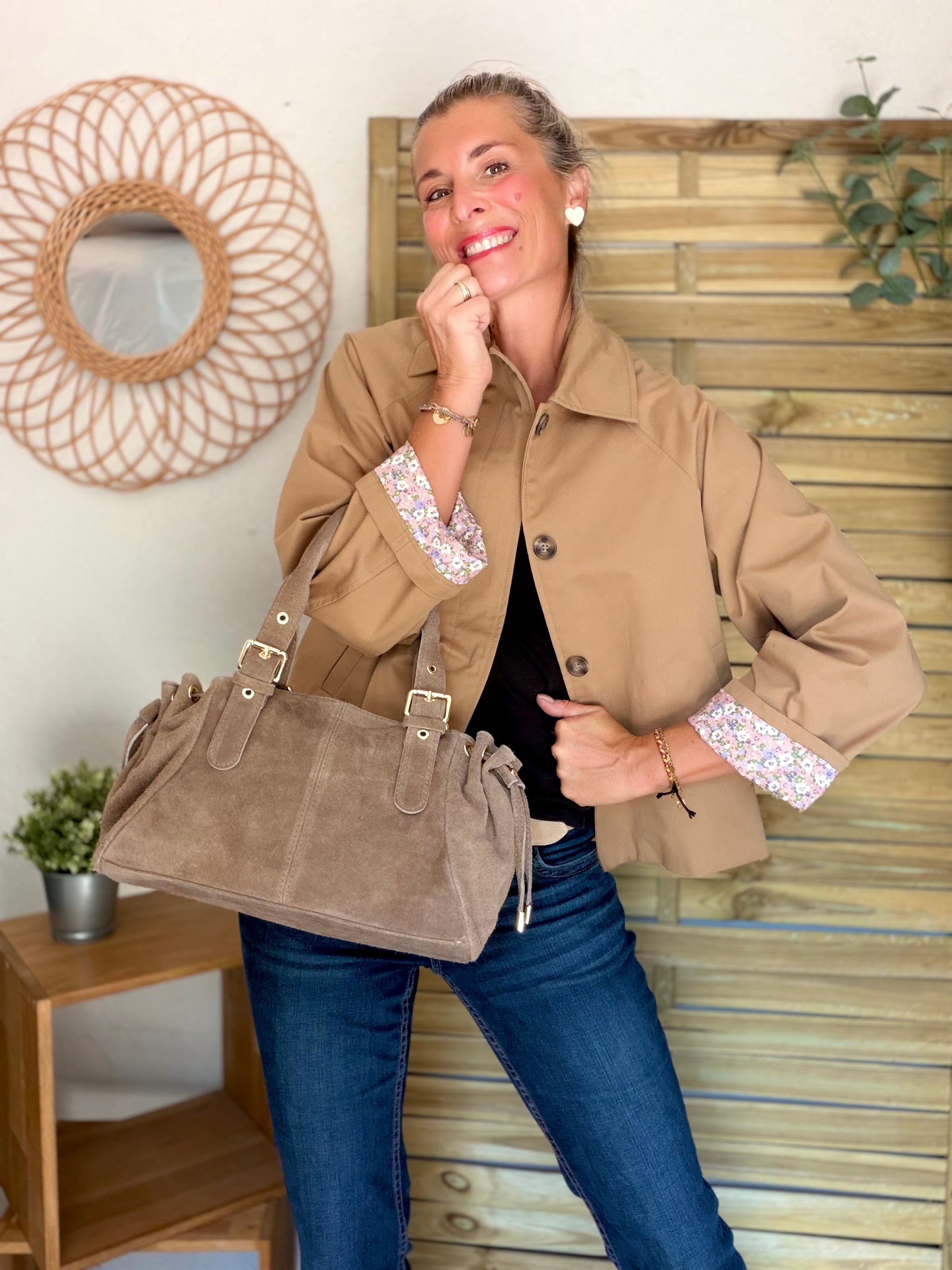 Sac à main en cuir daim GERY - Taupe