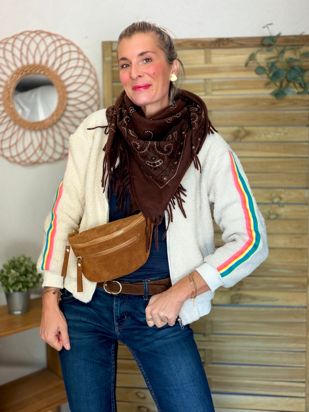 Veste Sherpa zippée bandes Arc-en-ciel CORALIE Beige🌈