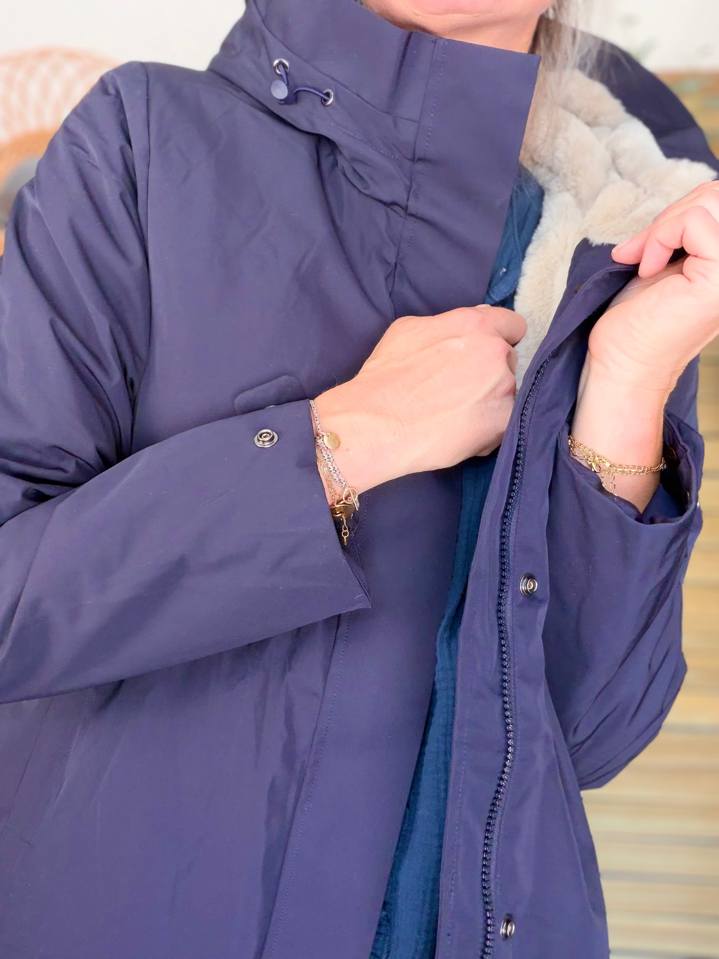 LAURA JO - Parka fourrée imperméable AMBRE MI-LONG - Bleu marine / Beige