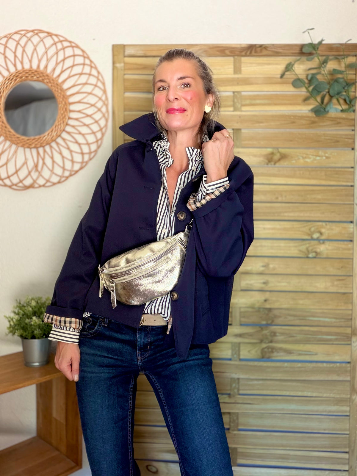 Chemise fluide rayée bleu marine gaufré col victorien CÉLINE