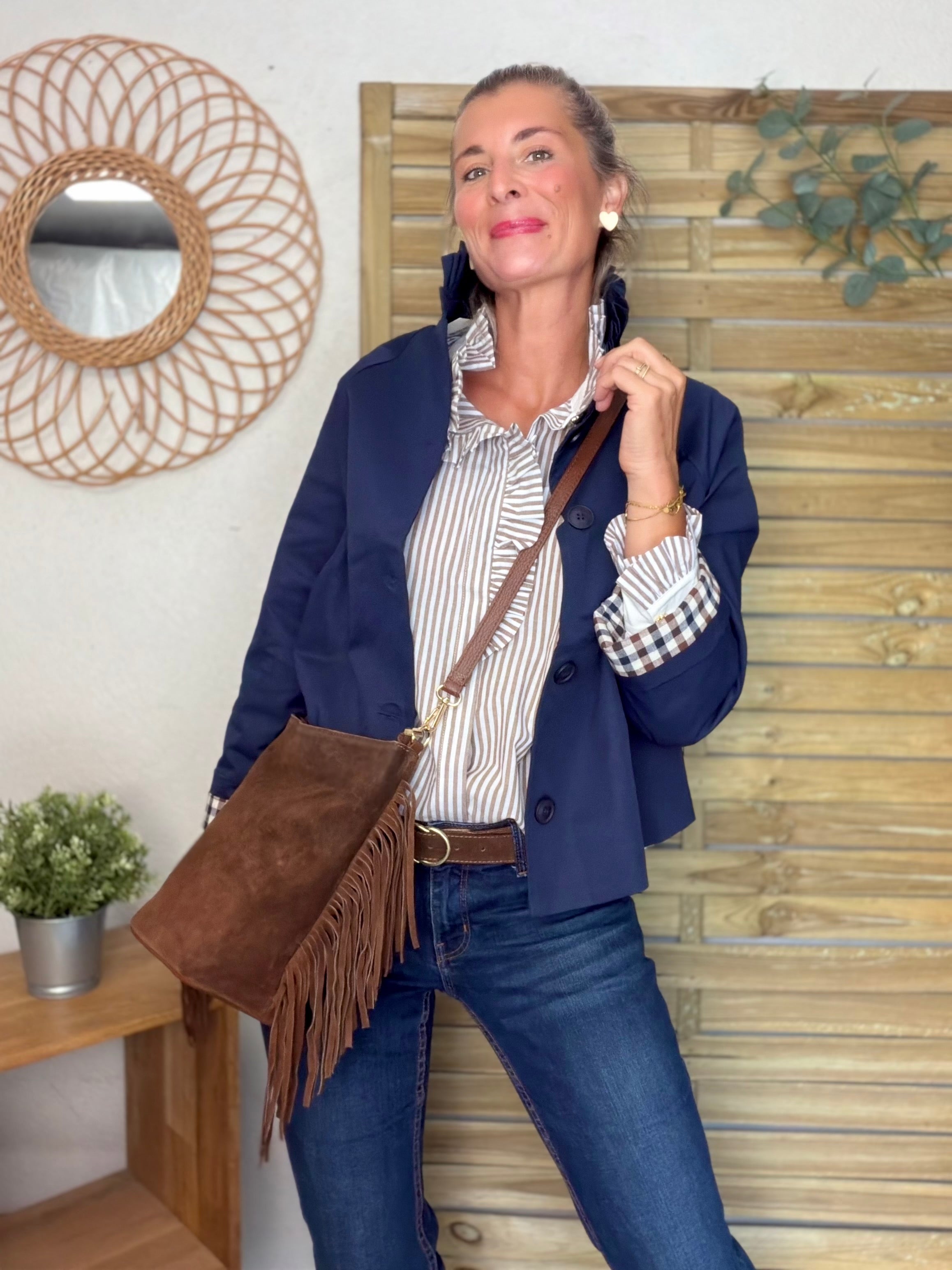 Veste Trench col victorien, revers carreaux - VICKY Bleu marine