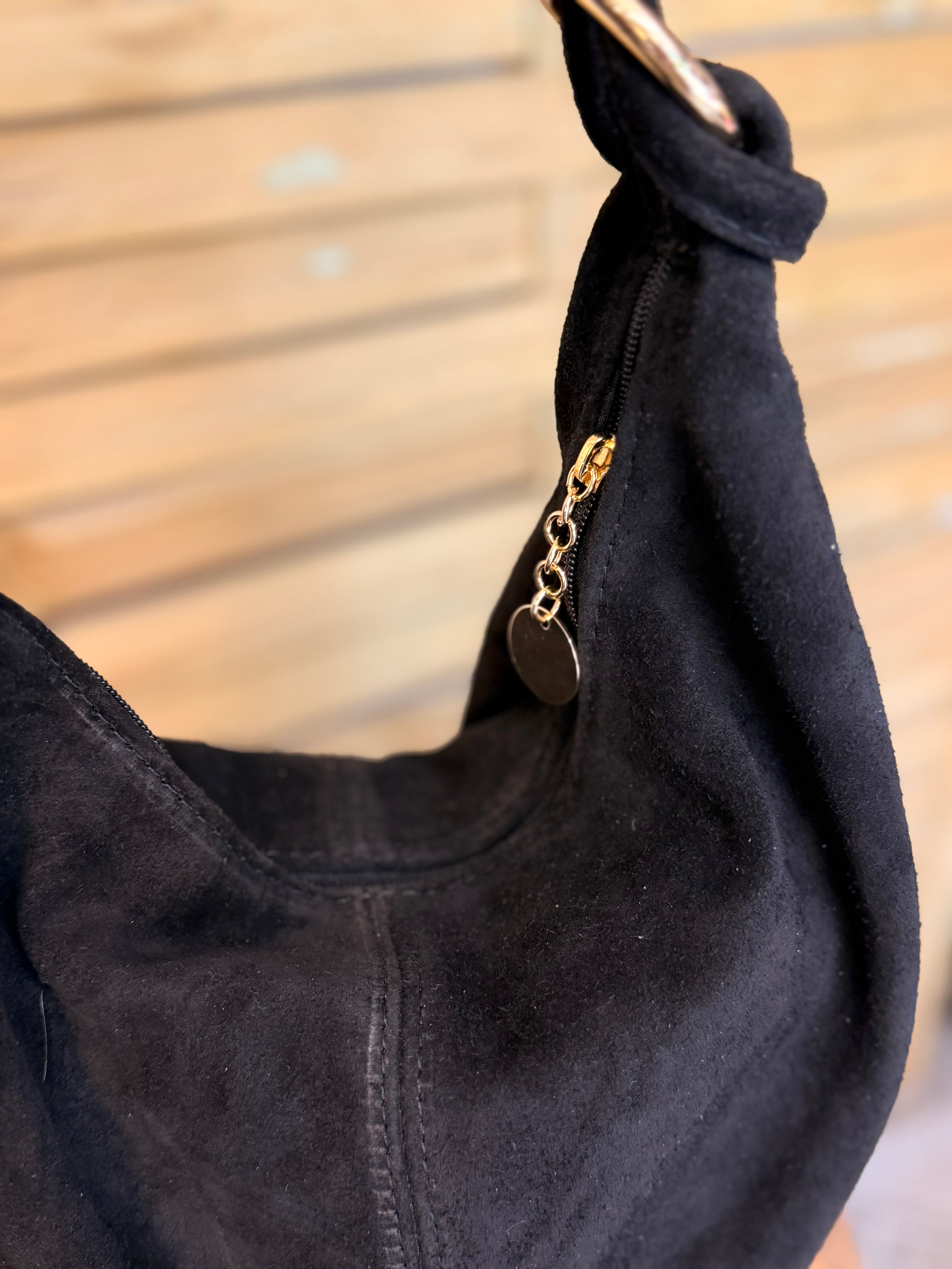 Sac besace hobo en cuir daim souple avec anneaux WILLIAM - Noir