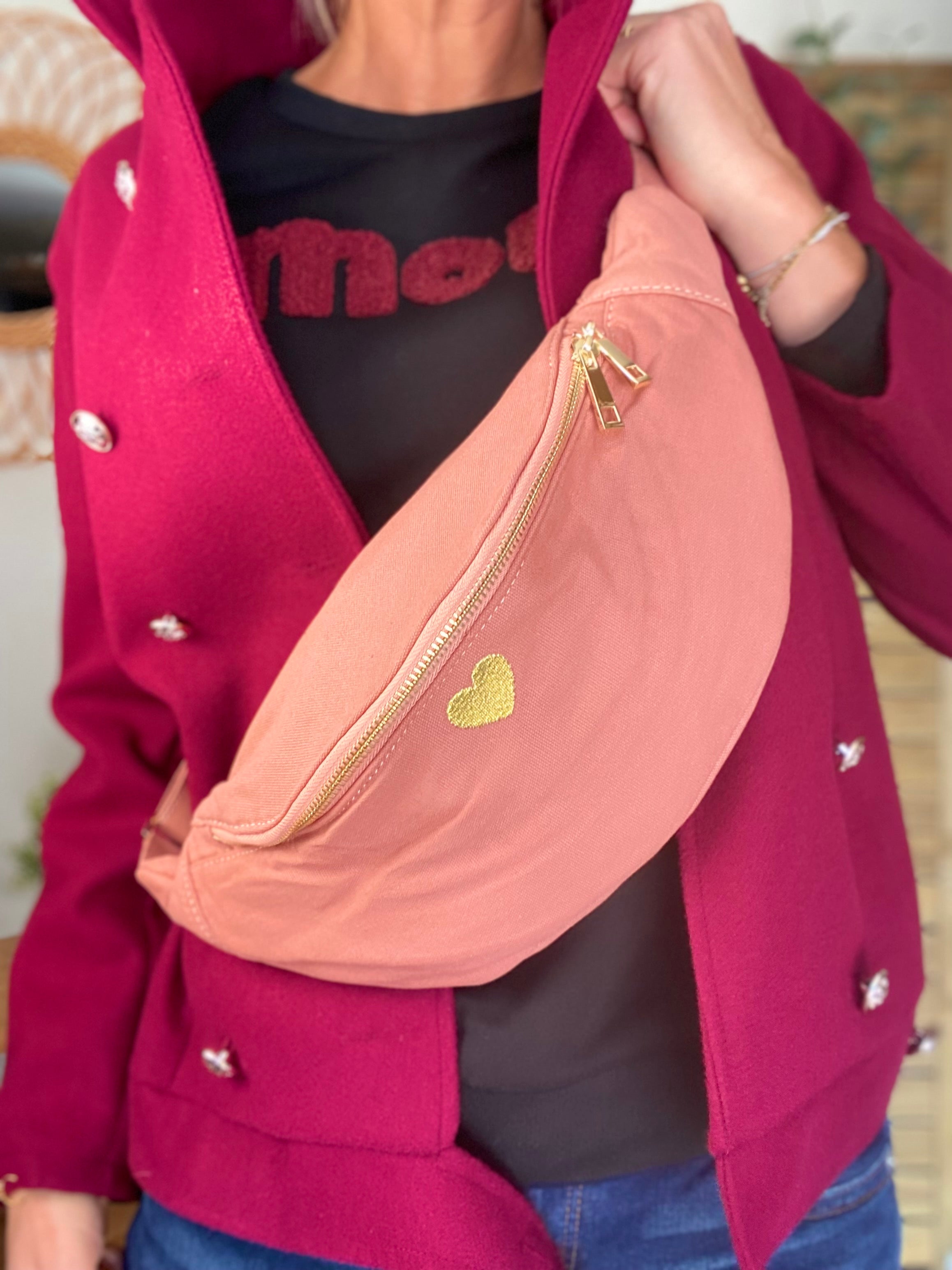 Sac banane en coton Coeur brodé 💛 CASSIDY - Vieux rose