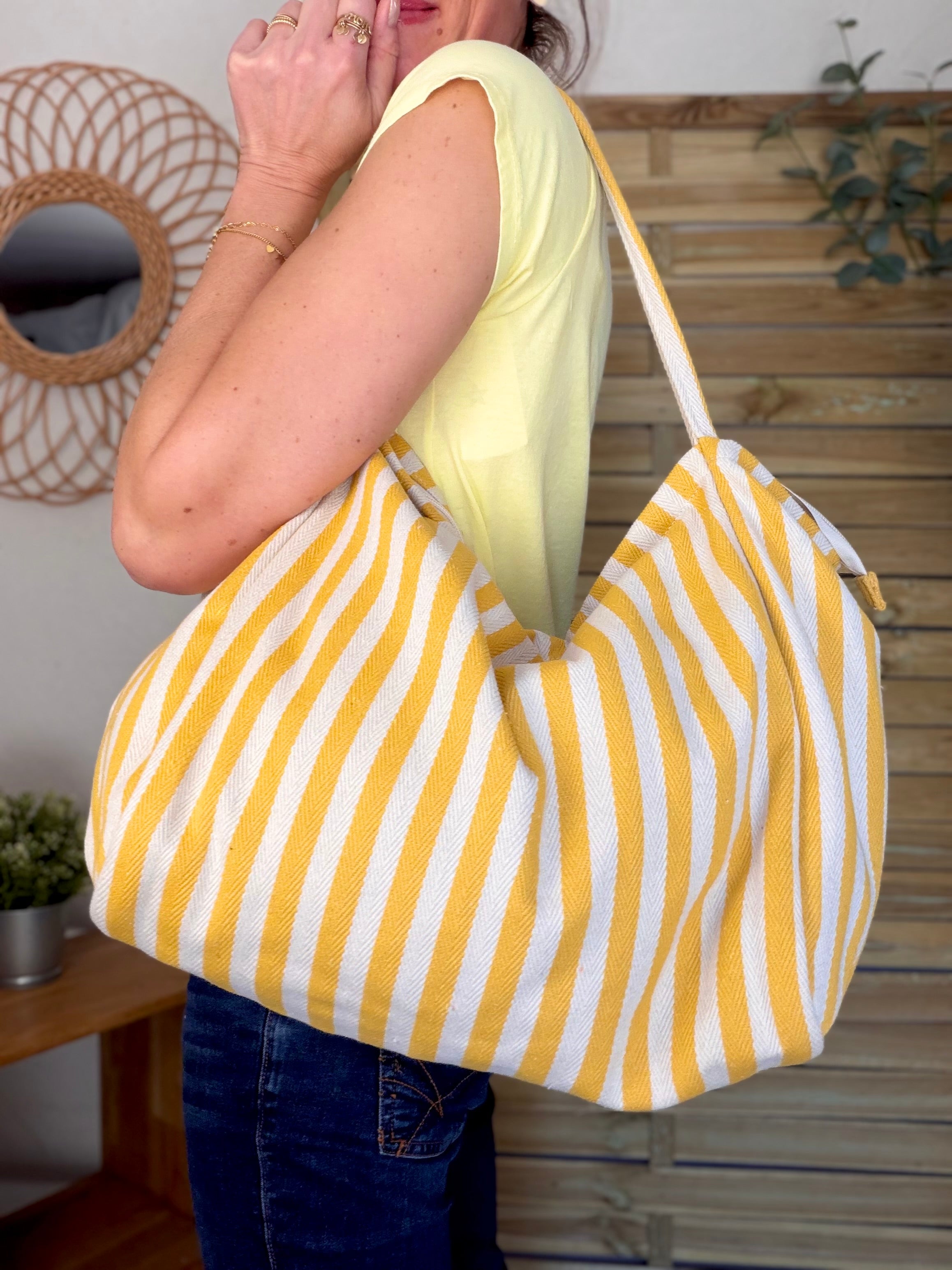 Sac cabas rayé avec fermeture zippée PAULA Jaune