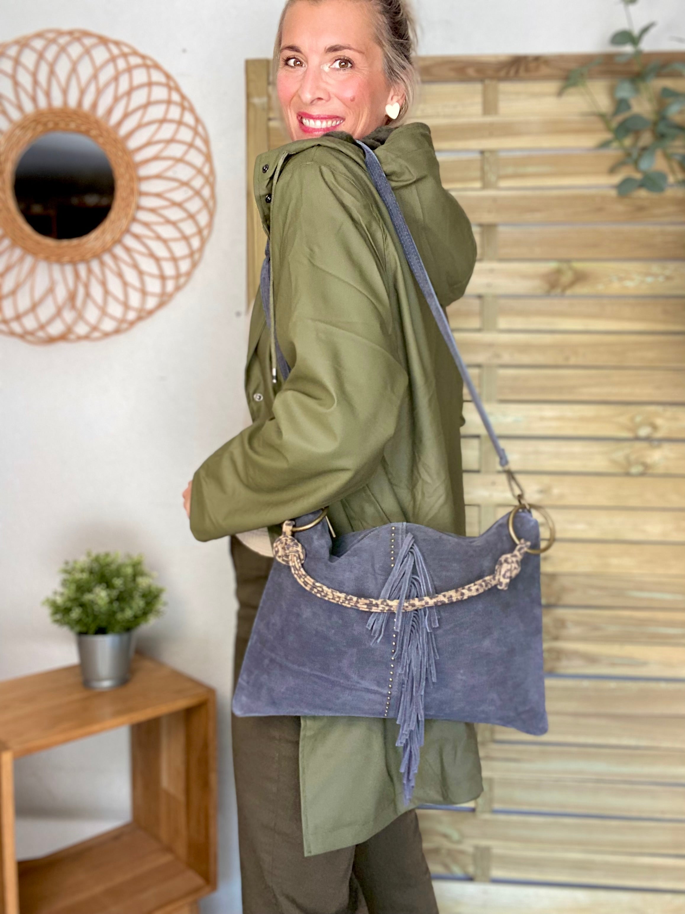 ⚡️PÉPITES FRIDAY - Sac en cuir daim 2 bandoulières (Léo et gris) - Gris foncé - BROOKLYN