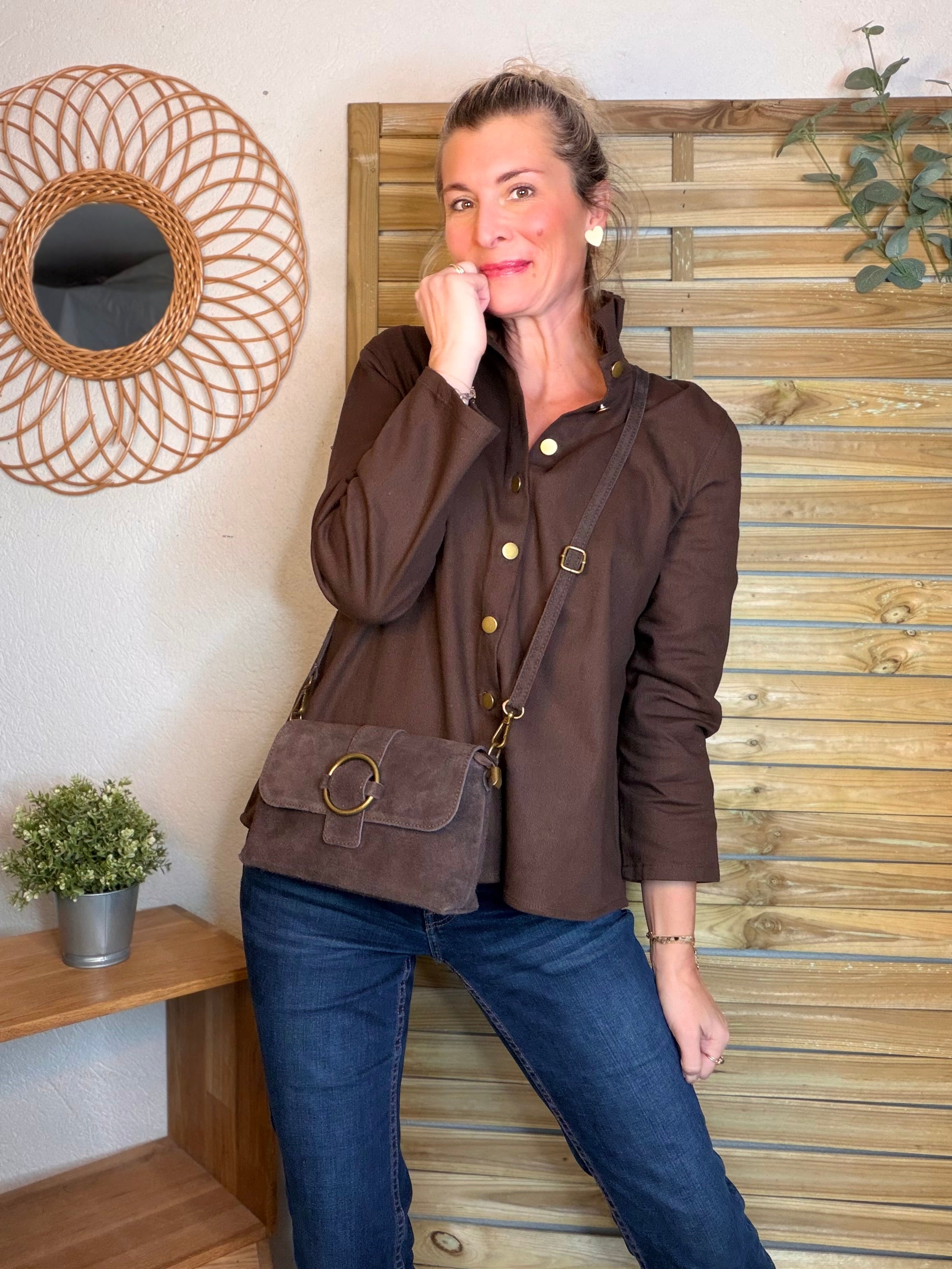 Sac bandoulière en croute de cuir BLAKE - Chocolat