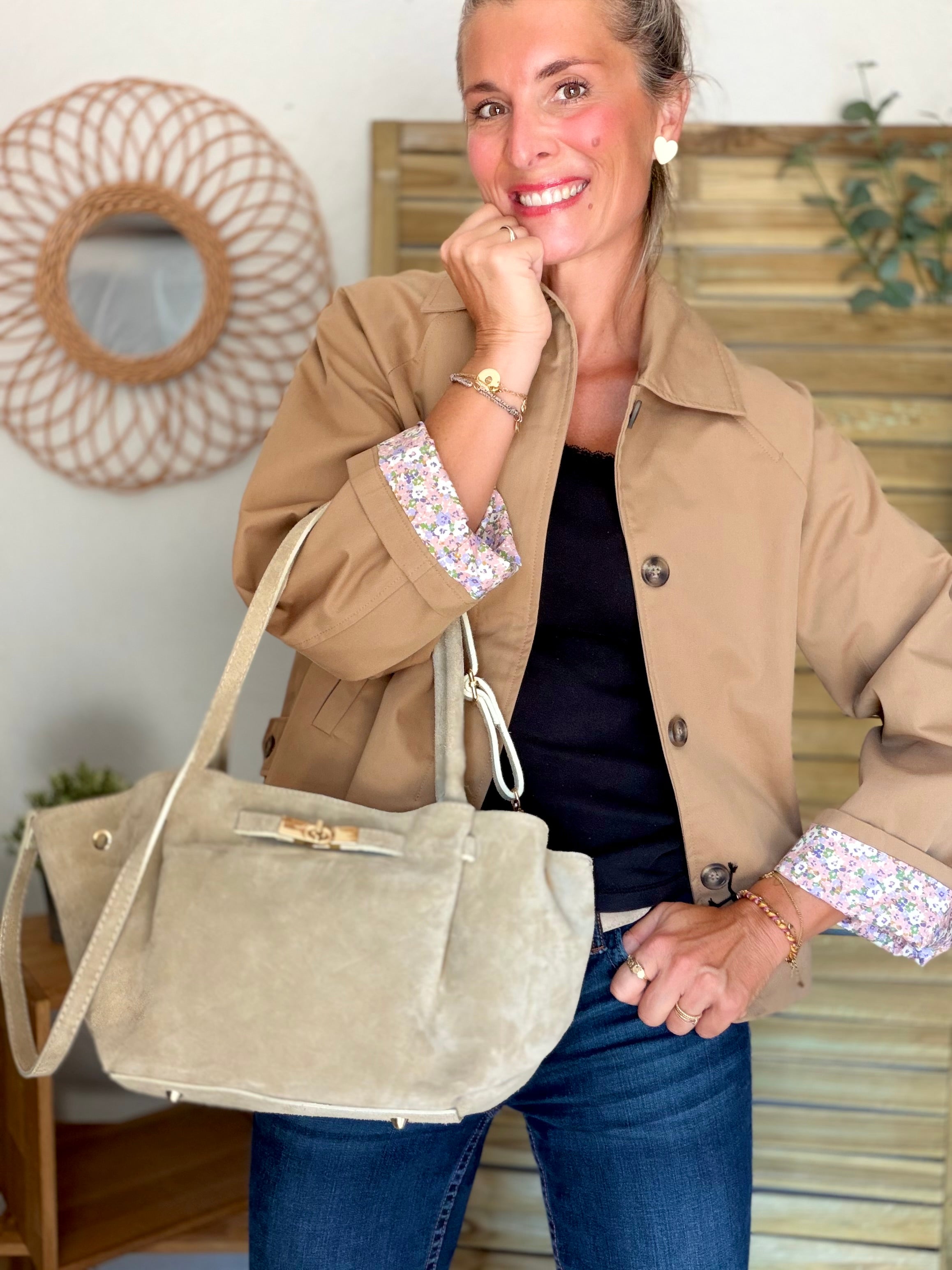 Sac cabas en cuir daim HANA - Beige
