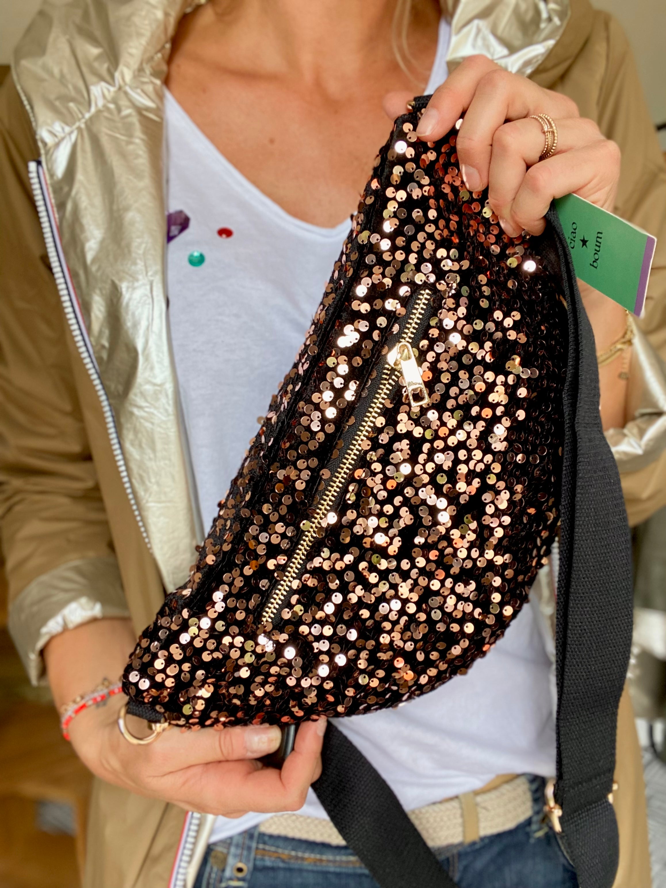 Sac banane L velours à sequins Ciao Boum - TAYLOR - Noir à sequins dorés